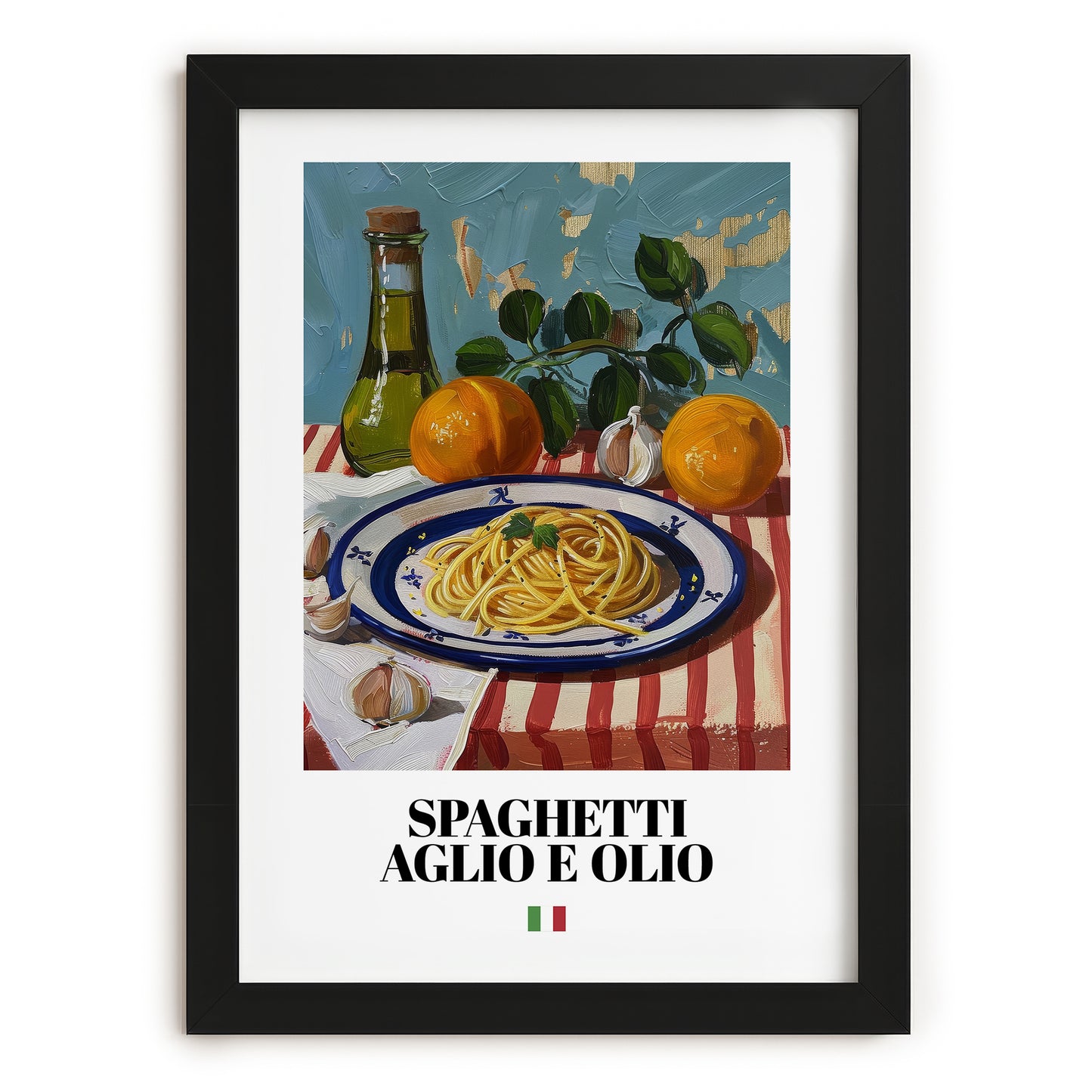 Spaghetti aglio e olio – Italian Pasta, Restaurant Poster, in sleek black frame