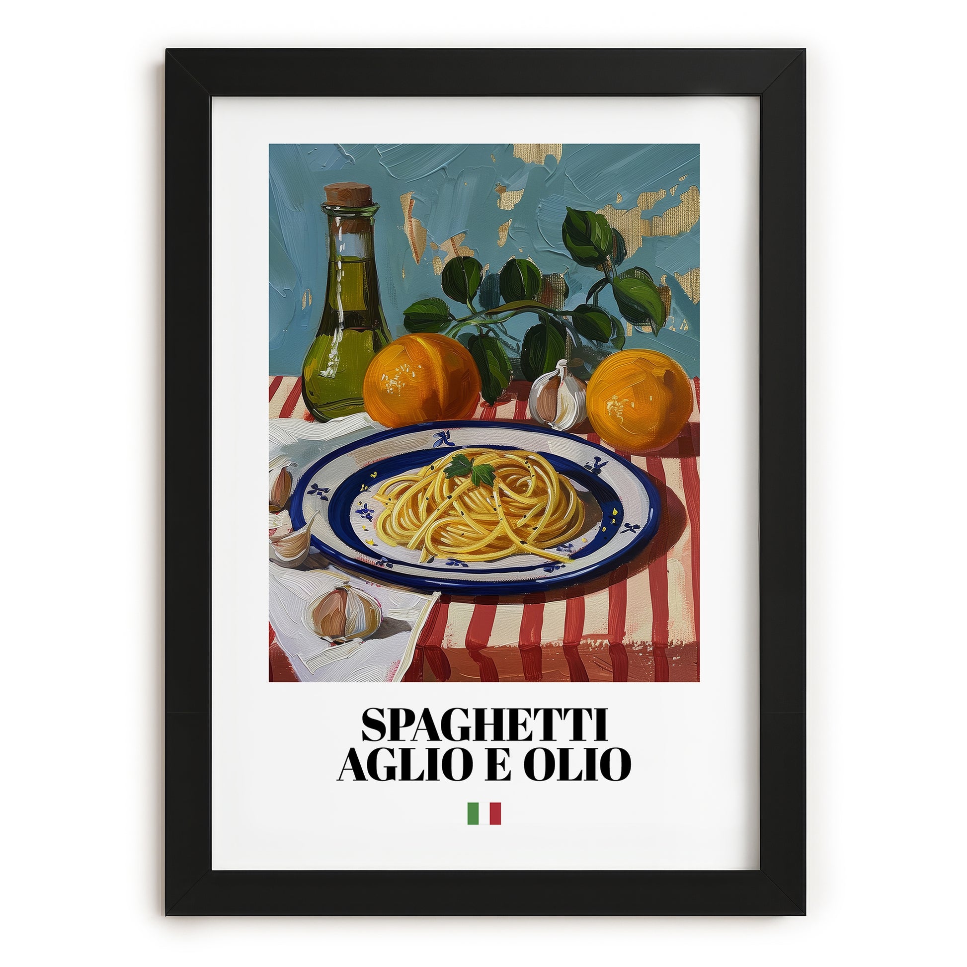Spaghetti aglio e olio – Italian Pasta, Restaurant Poster, in sleek black frame