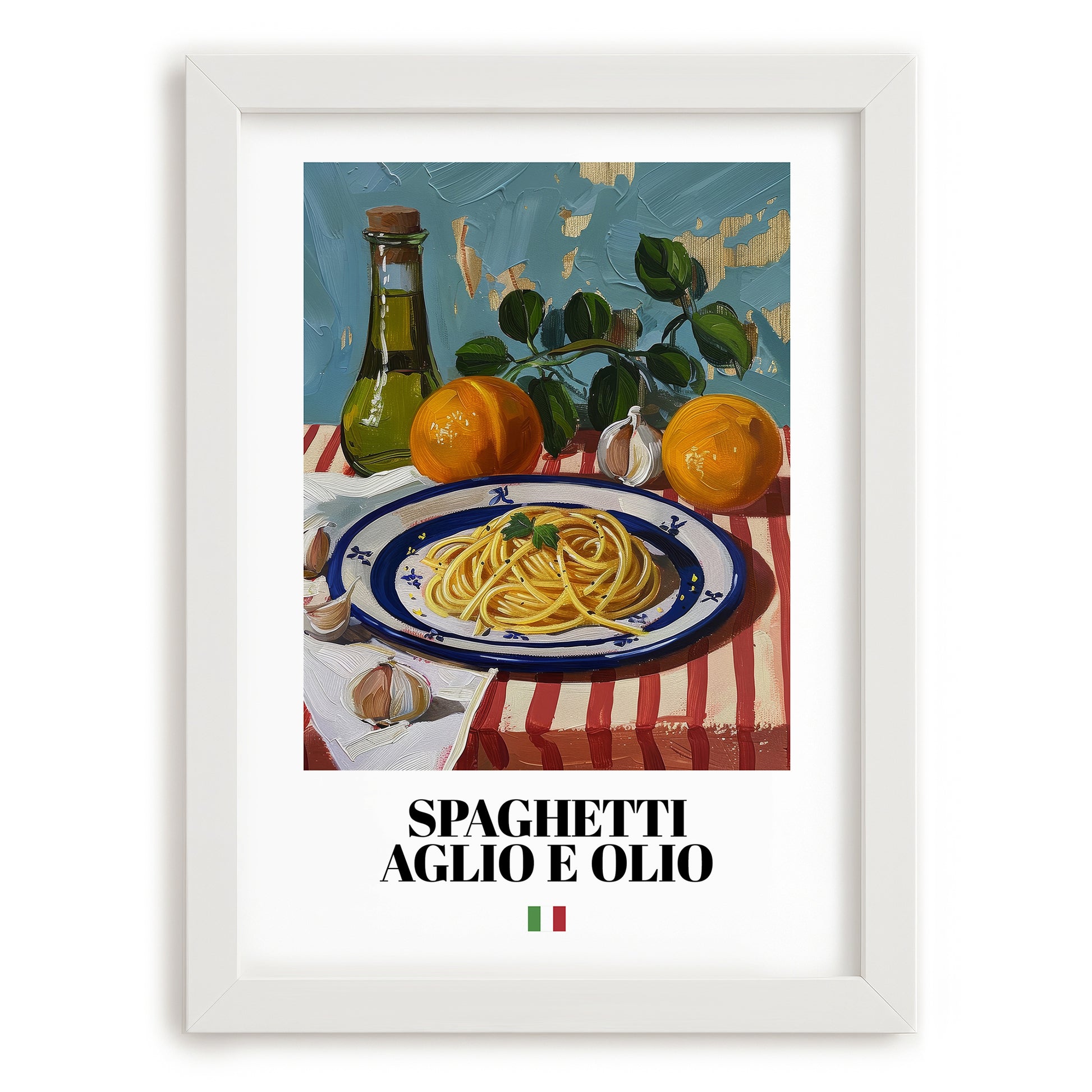 Spaghetti aglio e olio – Italian Pasta, Restaurant Poster, placed in minimal white frame