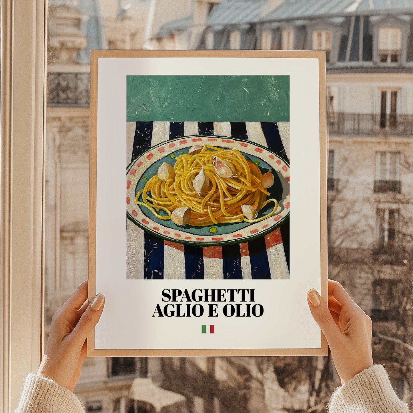 Spaghetti aglio e olio – Italian Pasta, Ristorante Print, styled in a charming Paris street view