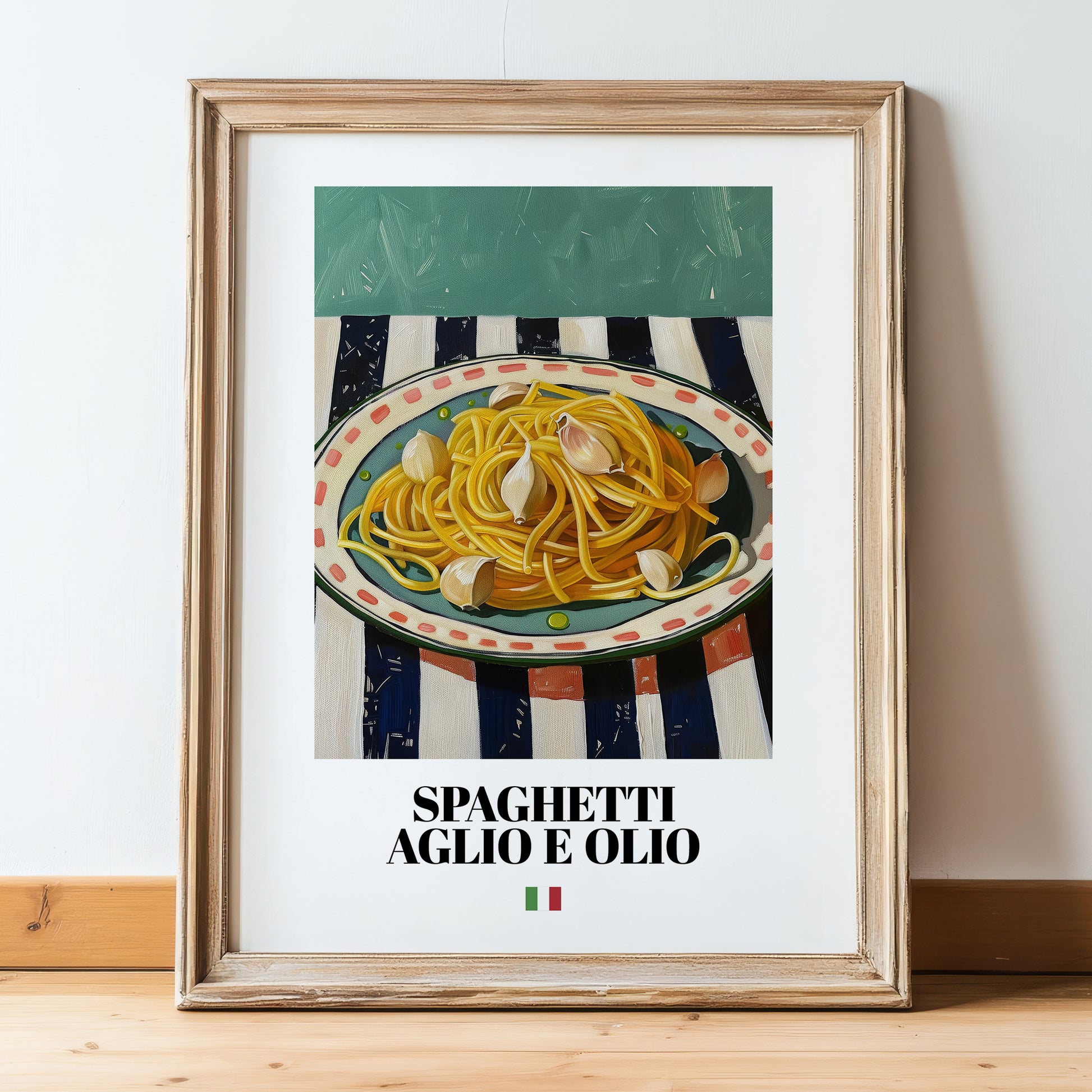 Spaghetti aglio e olio – Italian Pasta, Ristorante Print, in wooden frame leaning on the floor
