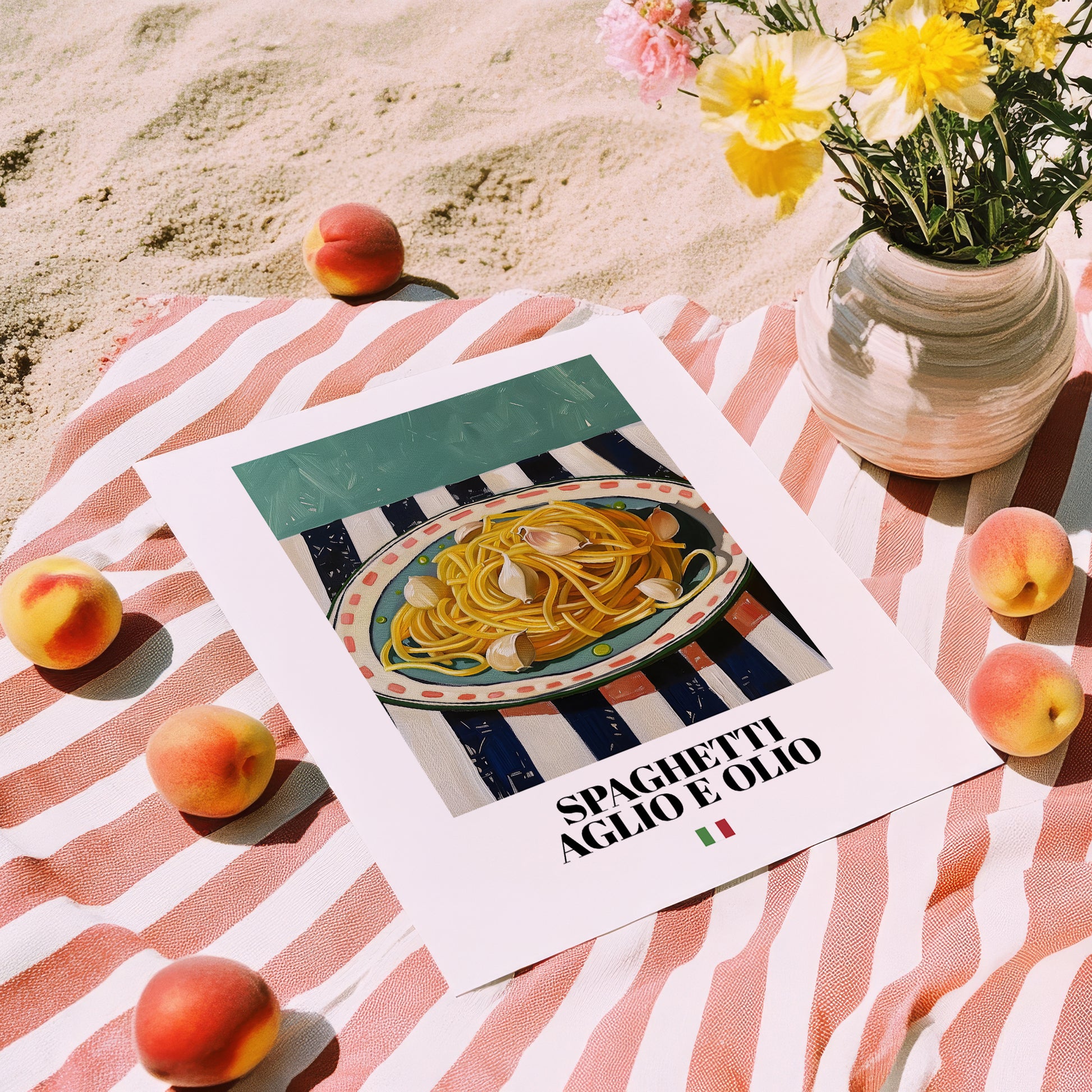 Spaghetti aglio e olio – Italian Pasta, Ristorante Print, unframed on coastal sand