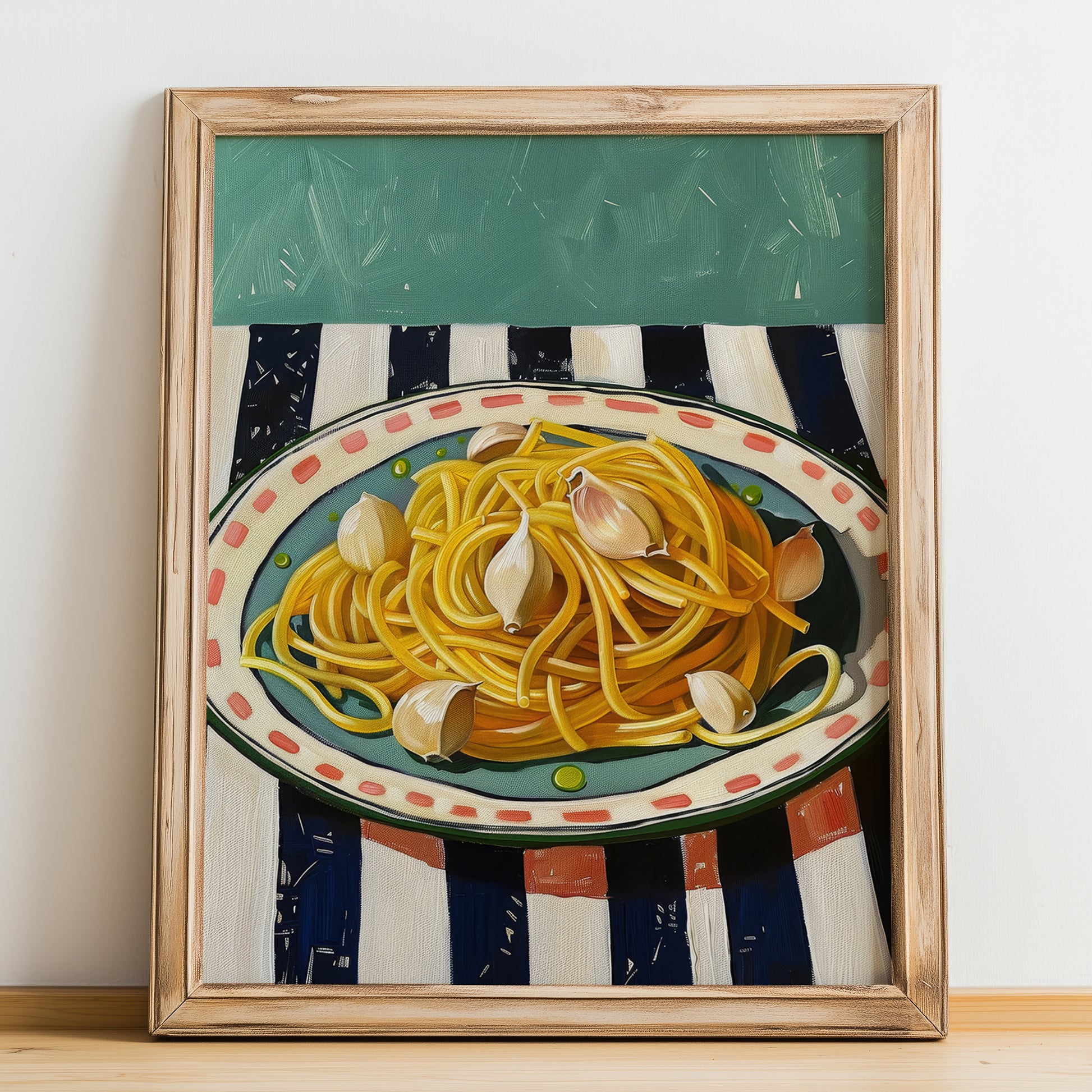 Spaghetti aglio e olio – Italian Pasta, Ristorante Print, no-text version framed in wood