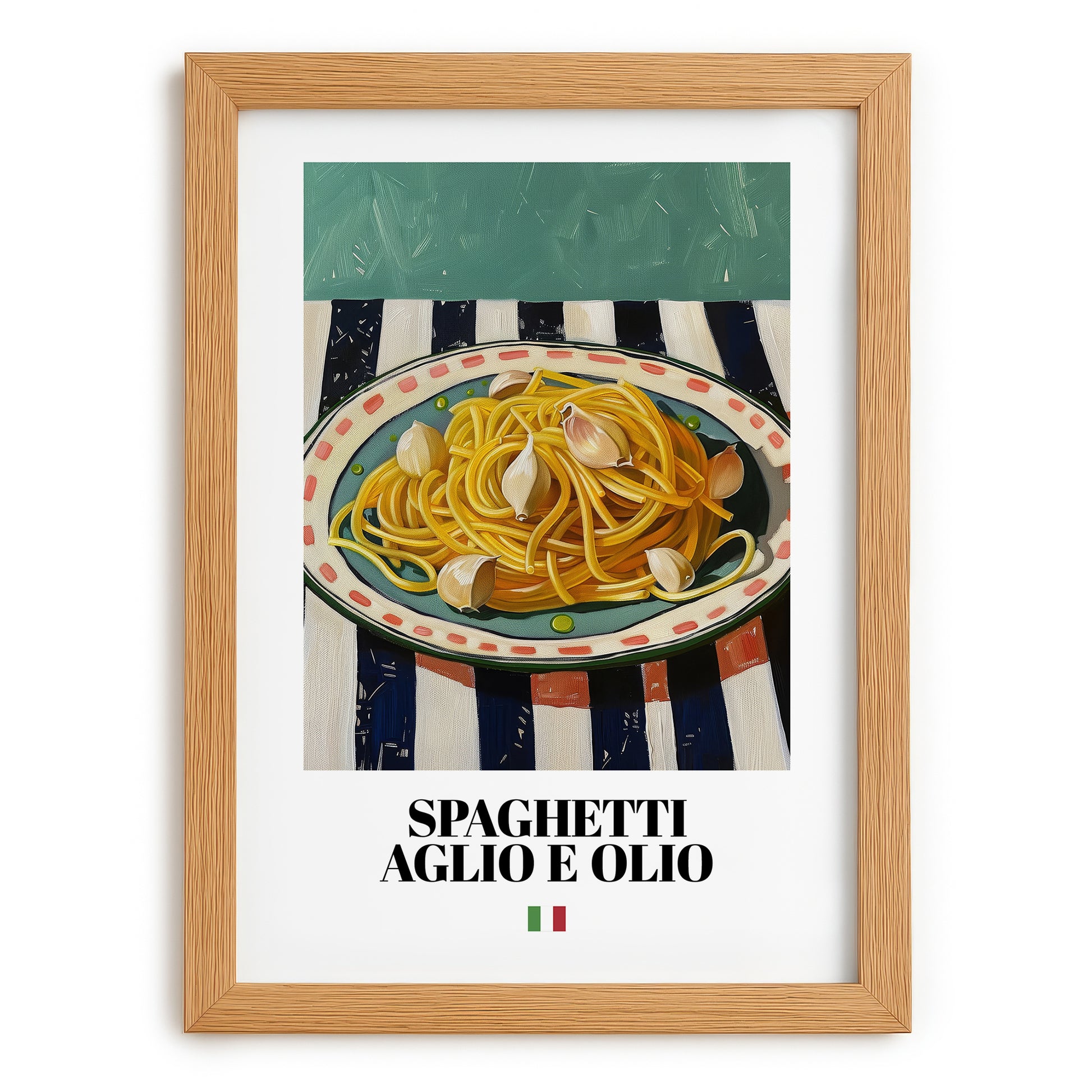 Spaghetti aglio e olio – Italian Pasta, Ristorante Print, set in oak frame