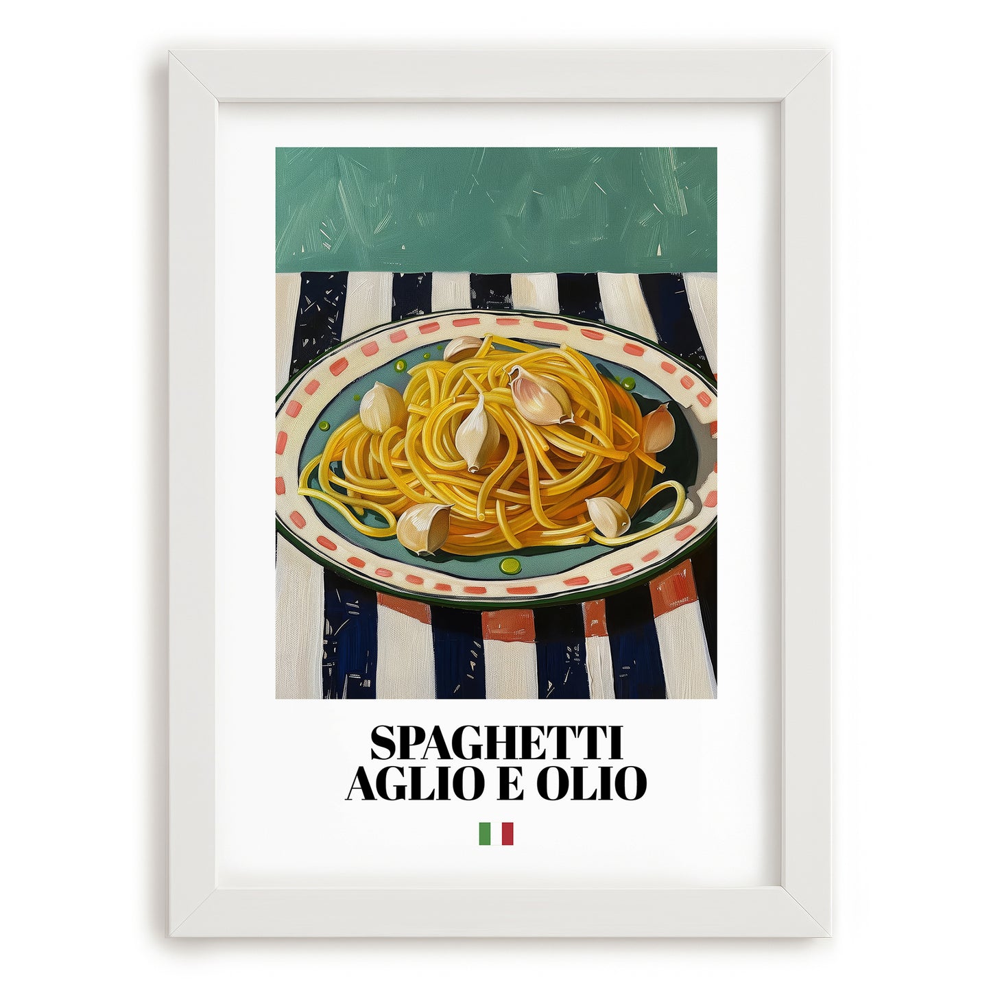 Spaghetti aglio e olio – Italian Pasta, Ristorante Print, placed in minimal white frame