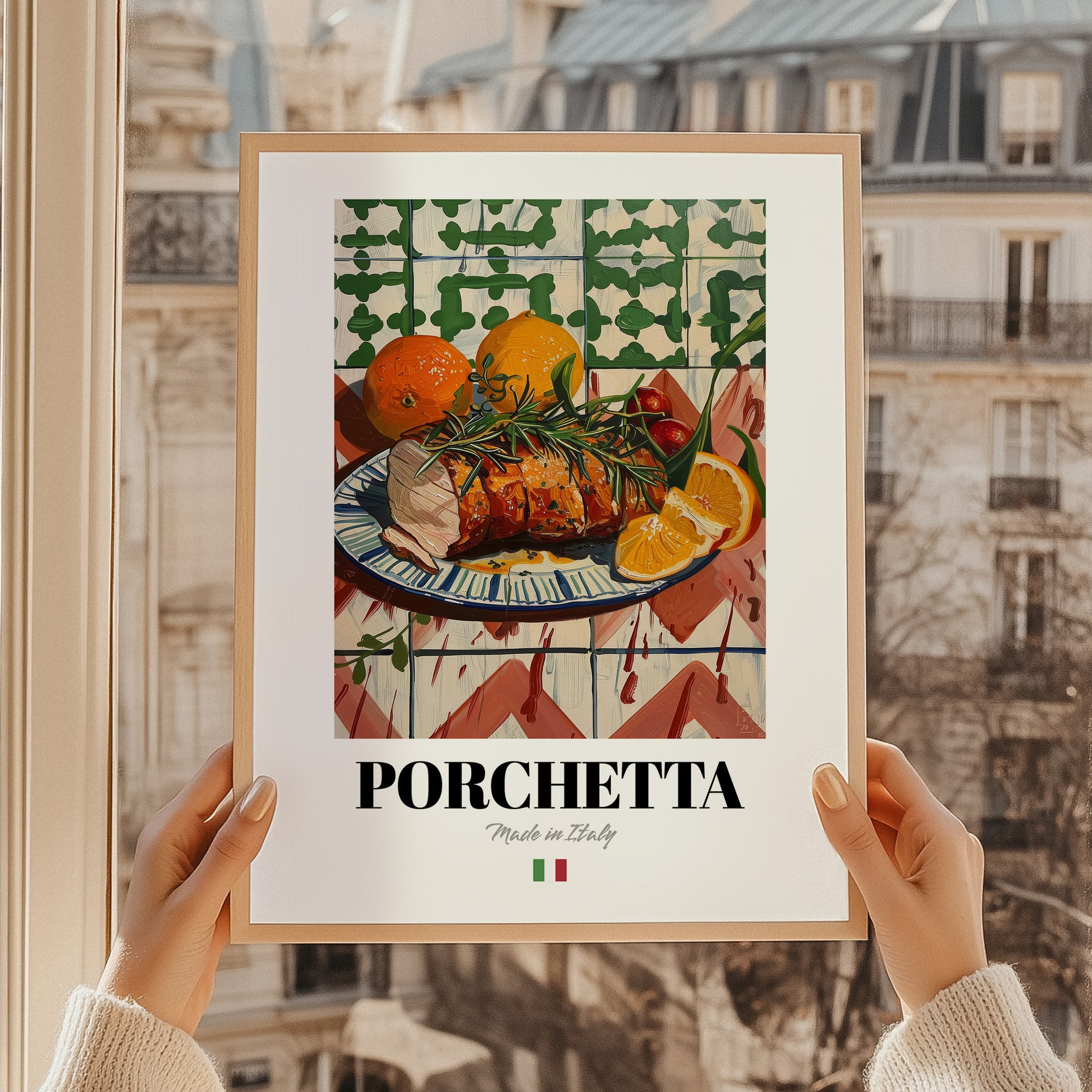 Porchetta – Italian Meat Dish, Restaurant Poster, styled in a charming Paris street view