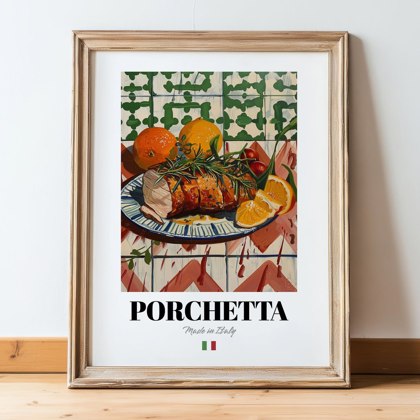 Porchetta – Italian Meat Dish, Restaurant Poster, in wooden frame leaning on the floor