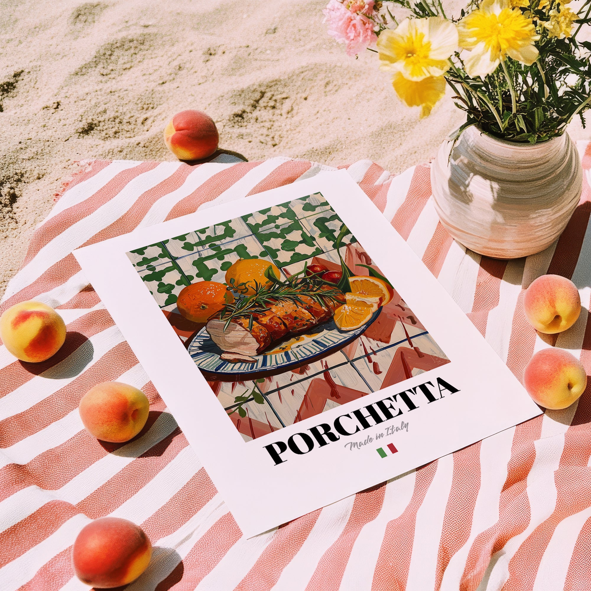 Porchetta – Italian Meat Dish, Restaurant Poster, unframed on coastal sand