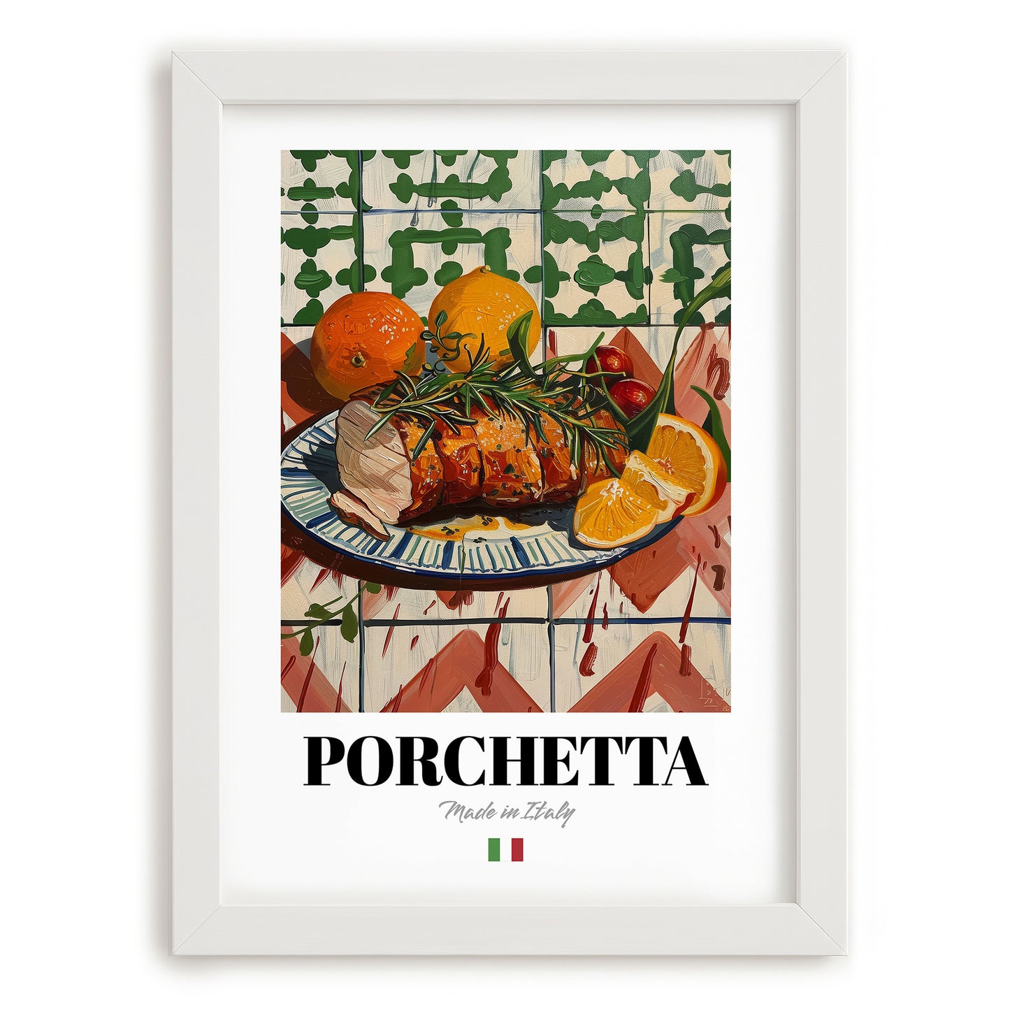 Porchetta – Italian Meat Dish, Restaurant Poster, placed in minimal white frame
