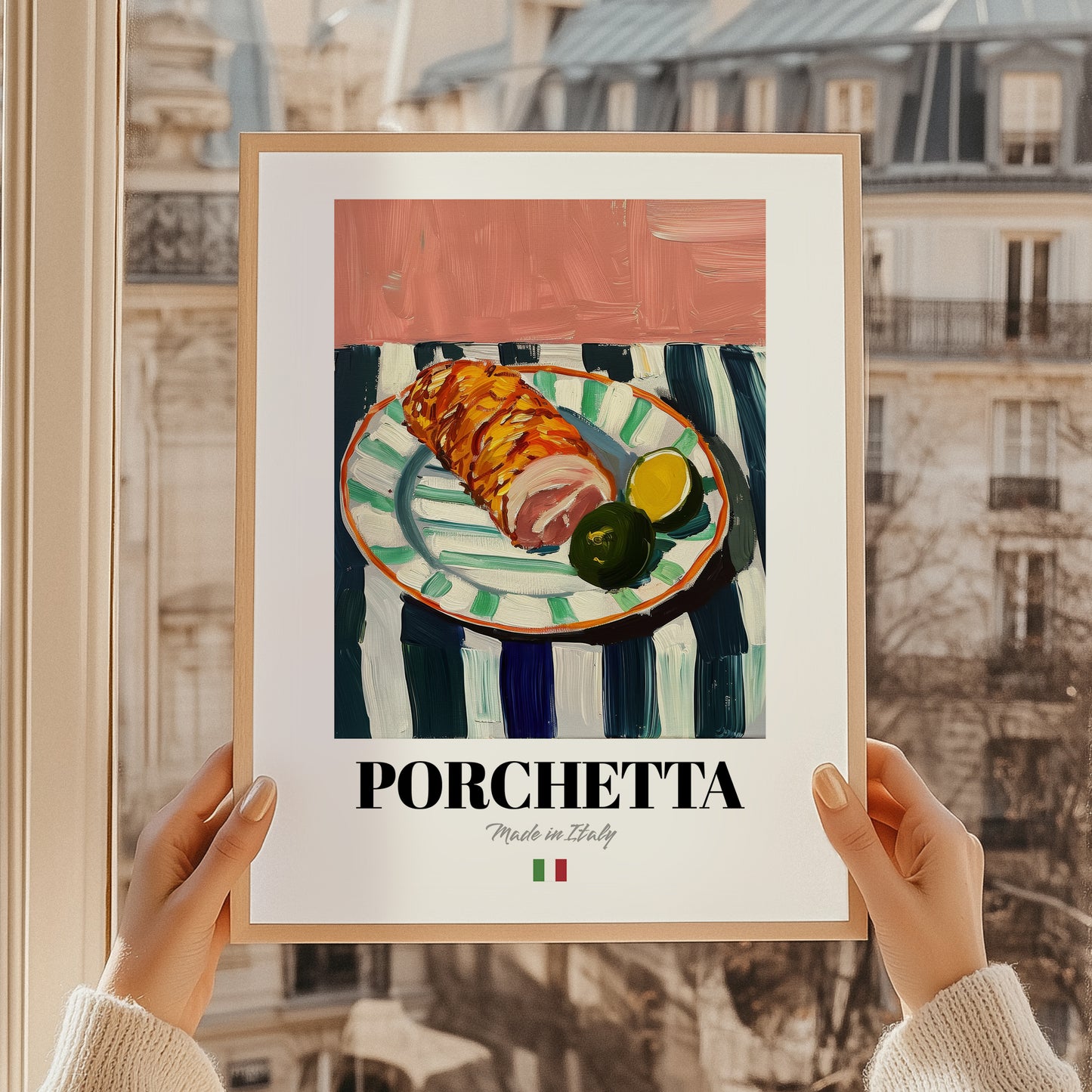 Porchetta – Italian Meat Dish, Fine Dining Restaurant Poster, styled in a charming Paris street view