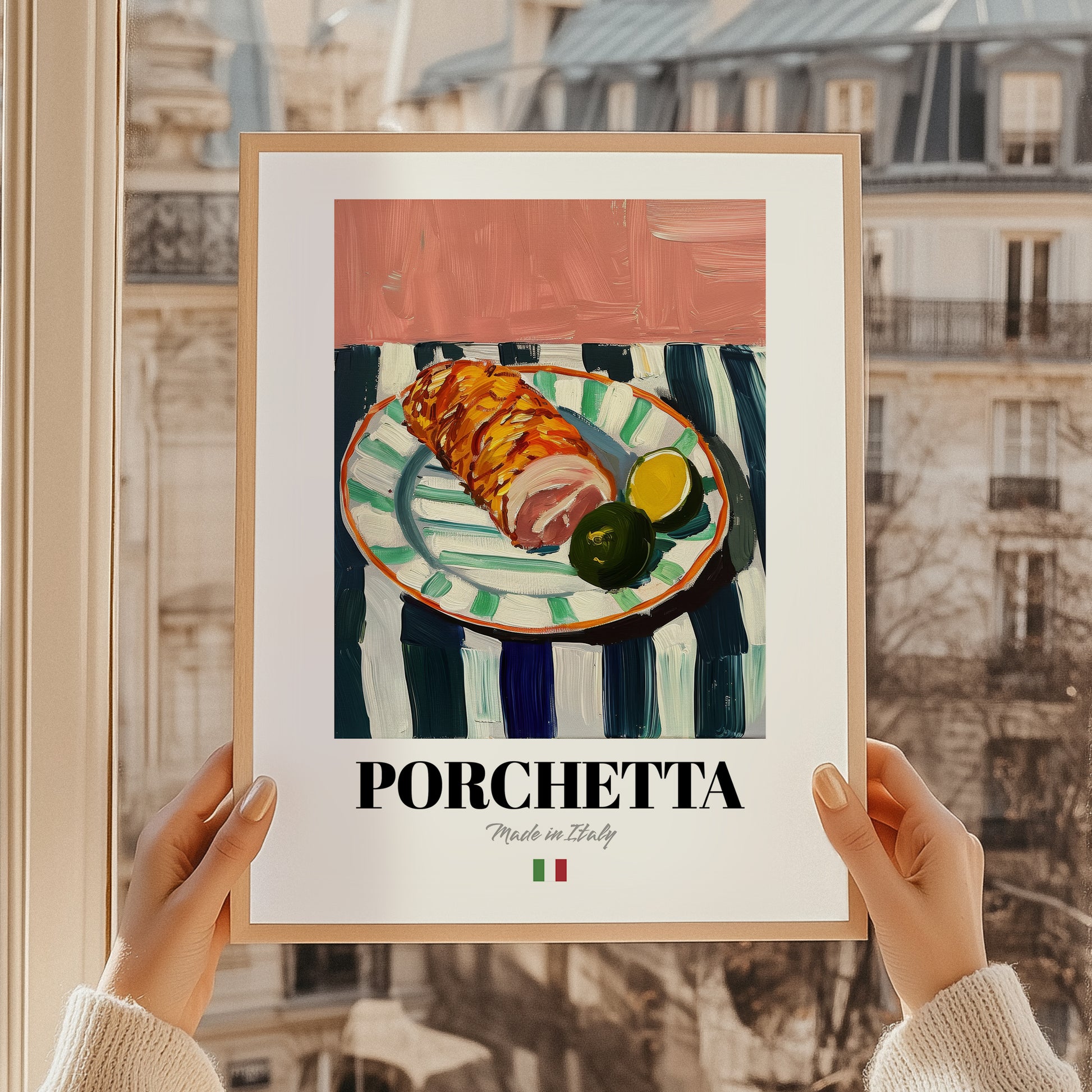 Porchetta – Italian Meat Dish, Fine Dining Restaurant Poster, styled in a charming Paris street view