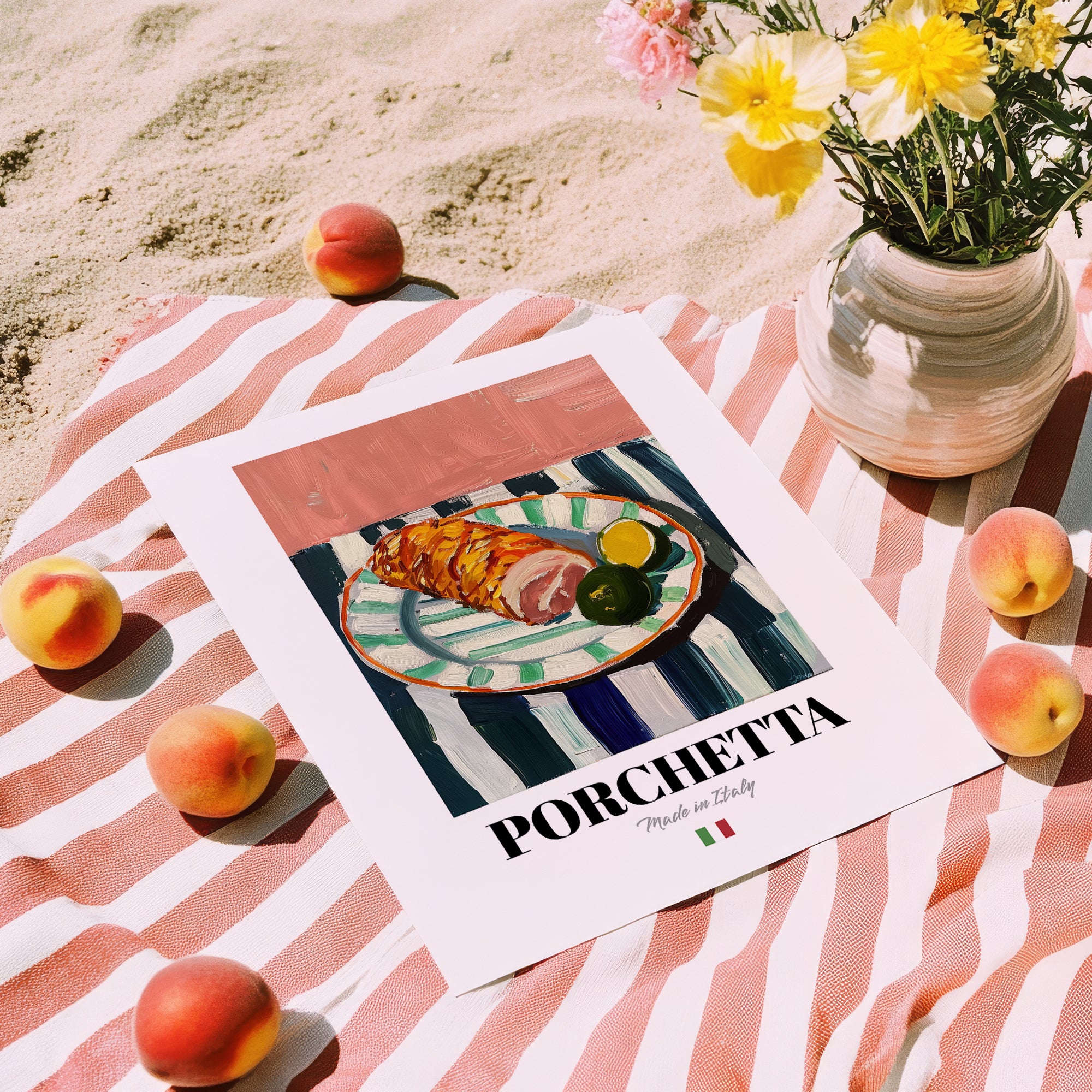 Porchetta – Italian Meat Dish, Fine Dining Restaurant Poster, unframed on coastal sand