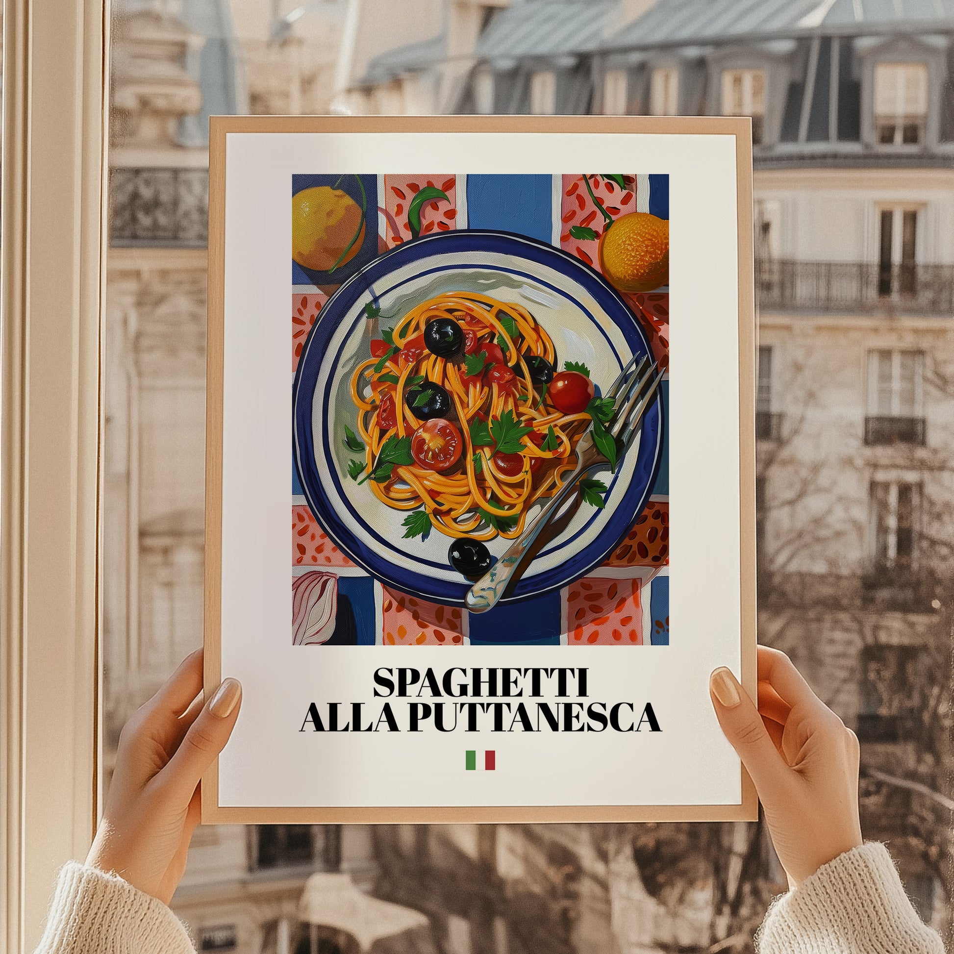 Spaghetti alla Puttanesca – Italian Pasta, Osteria Print, styled in a charming Paris street view