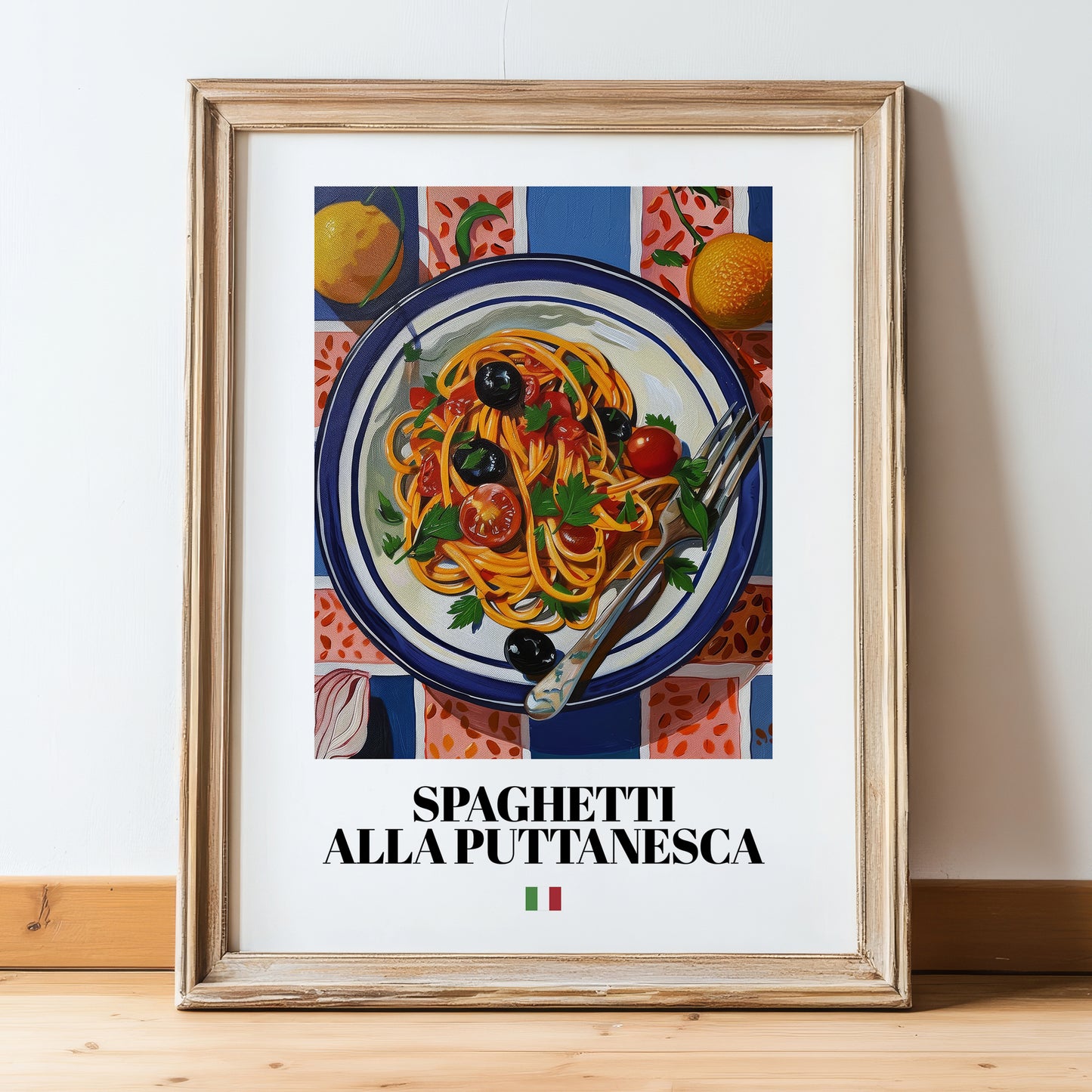 Spaghetti alla Puttanesca – Italian Pasta, Osteria Print, in wooden frame leaning on the floor