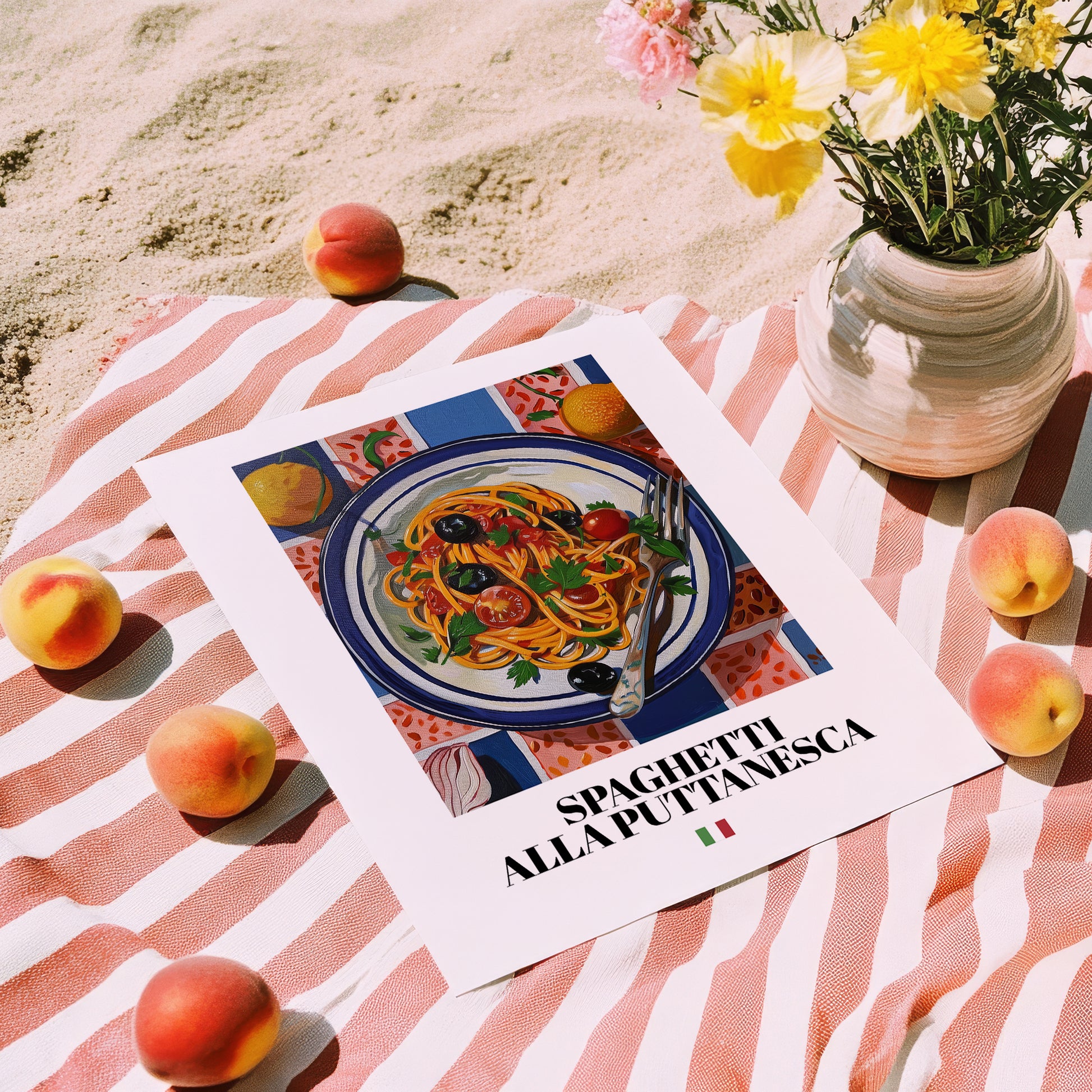 Spaghetti alla Puttanesca – Italian Pasta, Osteria Print, unframed on coastal sand