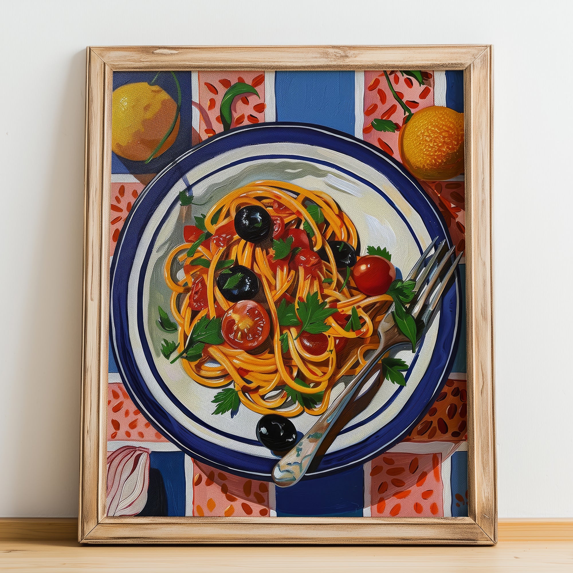 Spaghetti alla Puttanesca – Italian Pasta, Osteria Print, no-text version framed in wood