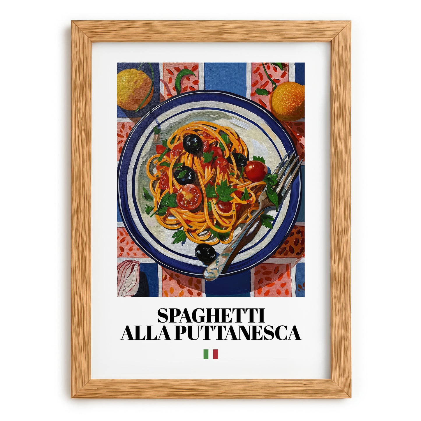 Spaghetti alla Puttanesca – Italian Pasta, Osteria Print, set in oak frame