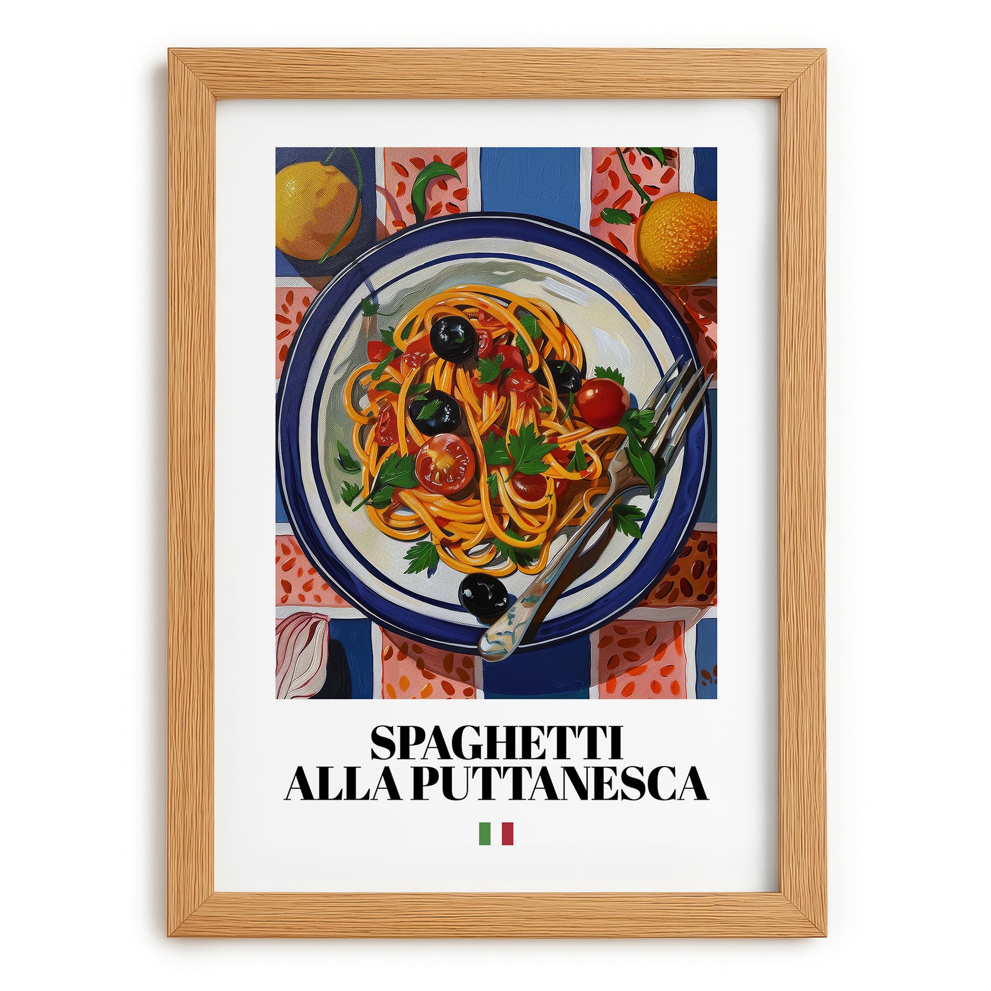 Spaghetti alla Puttanesca – Italian Pasta, Osteria Print, set in oak frame