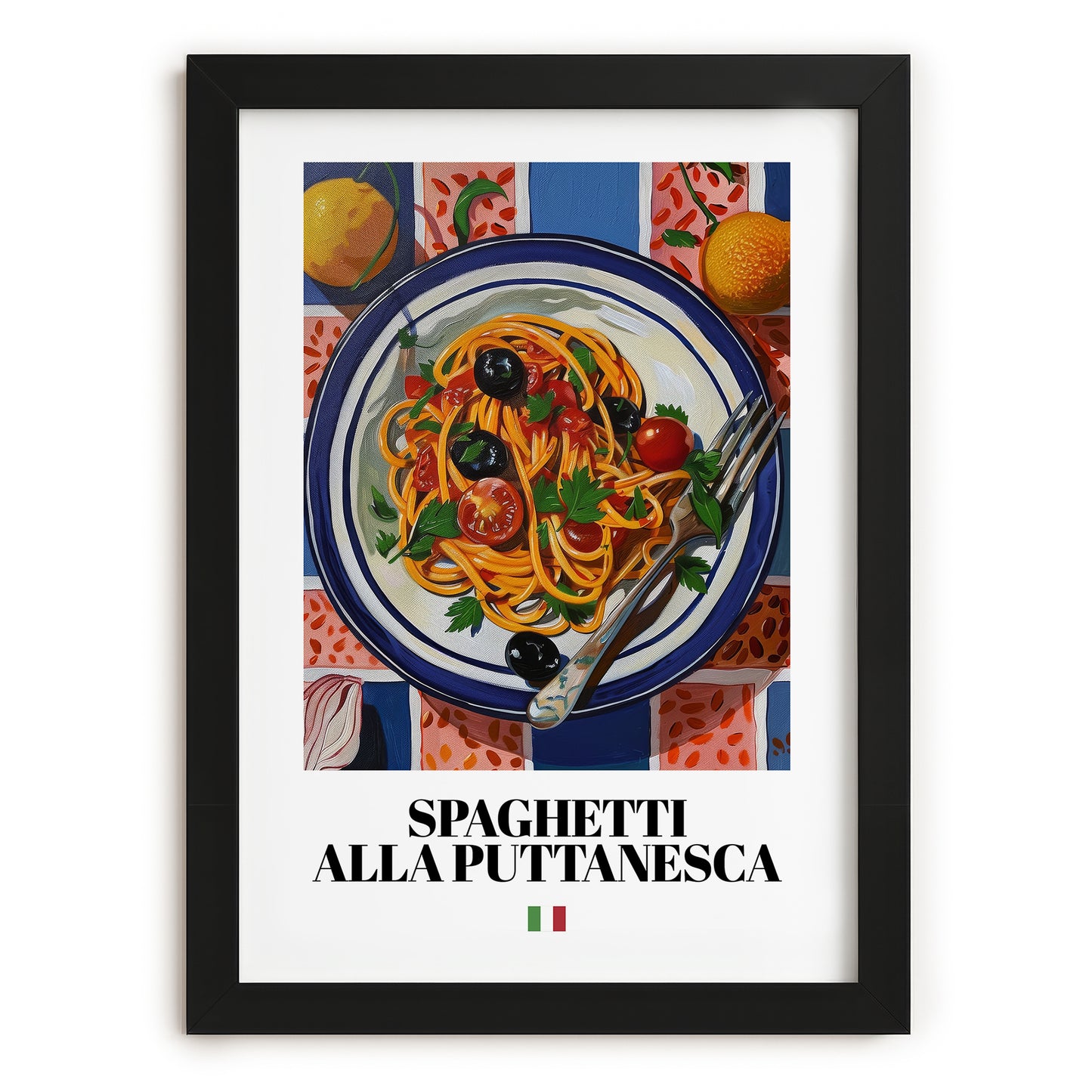Spaghetti alla Puttanesca – Italian Pasta, Osteria Print, in sleek black frame