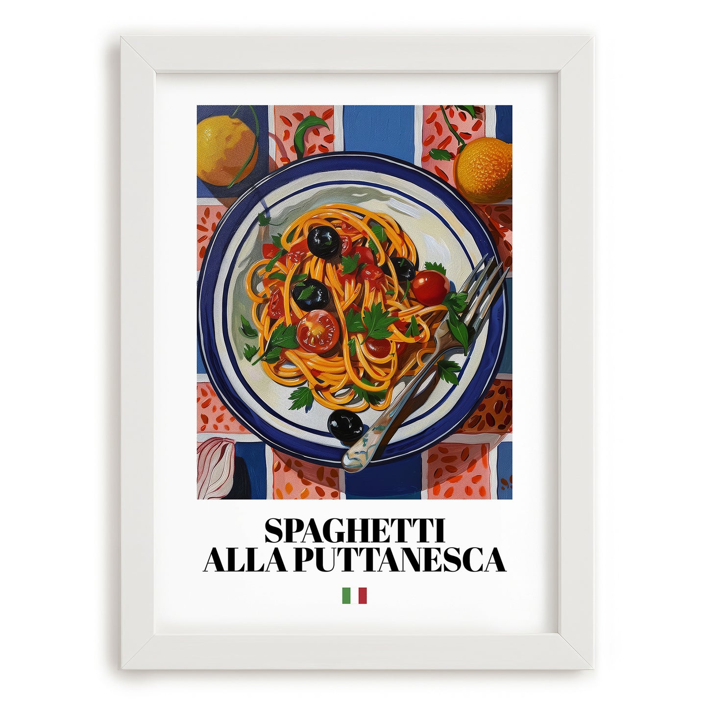 Spaghetti alla Puttanesca – Italian Pasta, Osteria Print, placed in minimal white frame