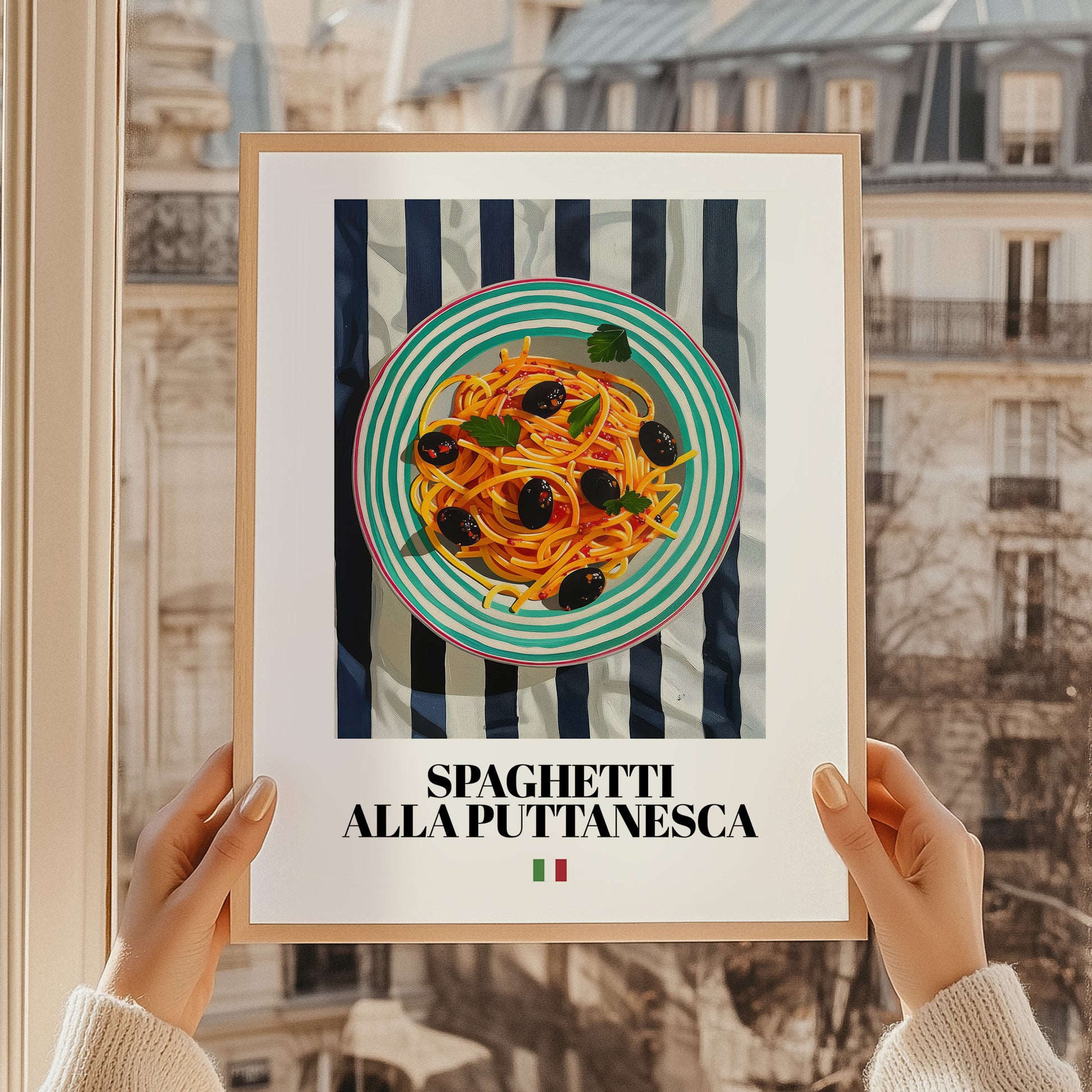 Spaghetti alla Puttanesca – Italian Pasta, Trattoria Print, styled in a charming Paris street view
