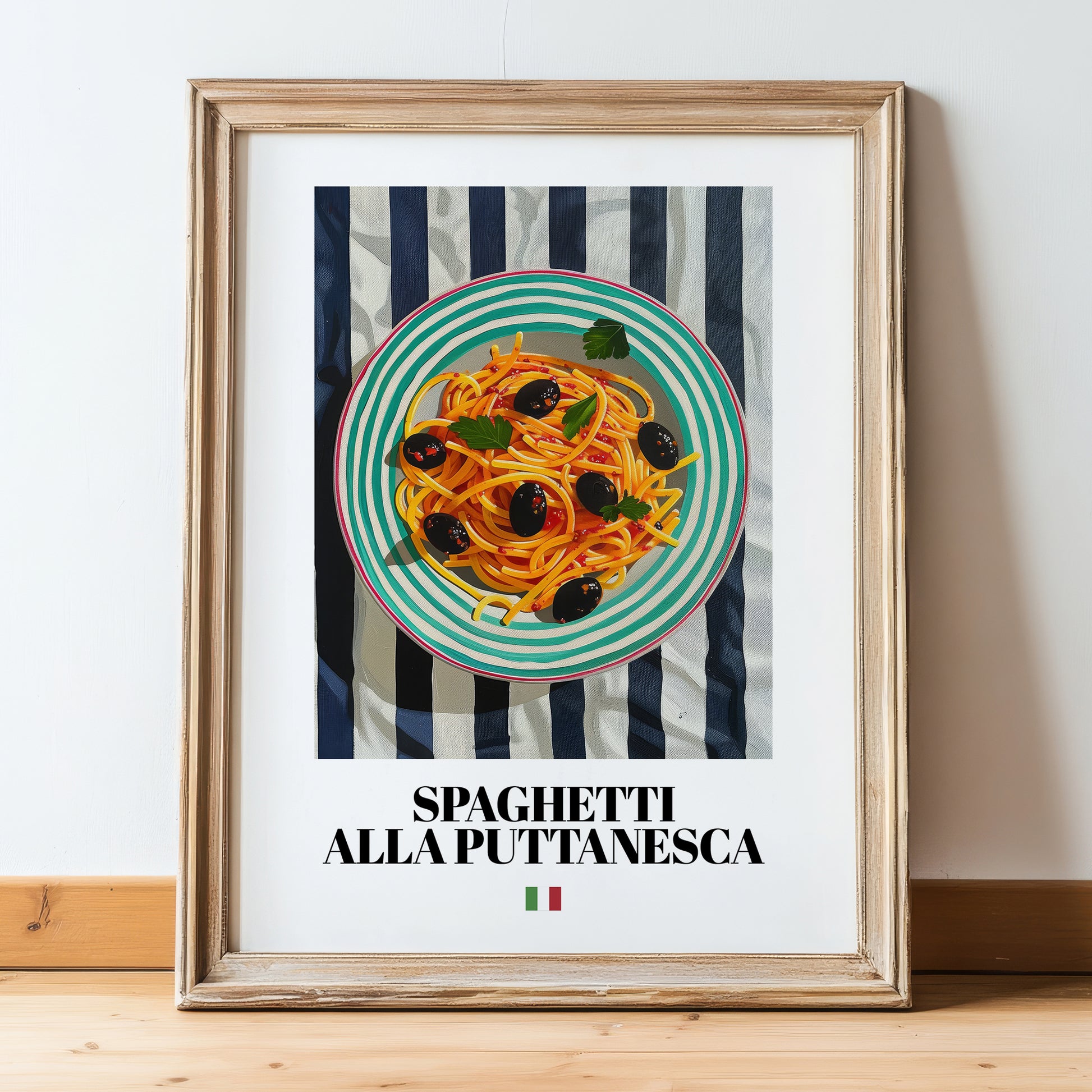 Spaghetti alla Puttanesca – Italian Pasta, Trattoria Print, in wooden frame leaning on the floor