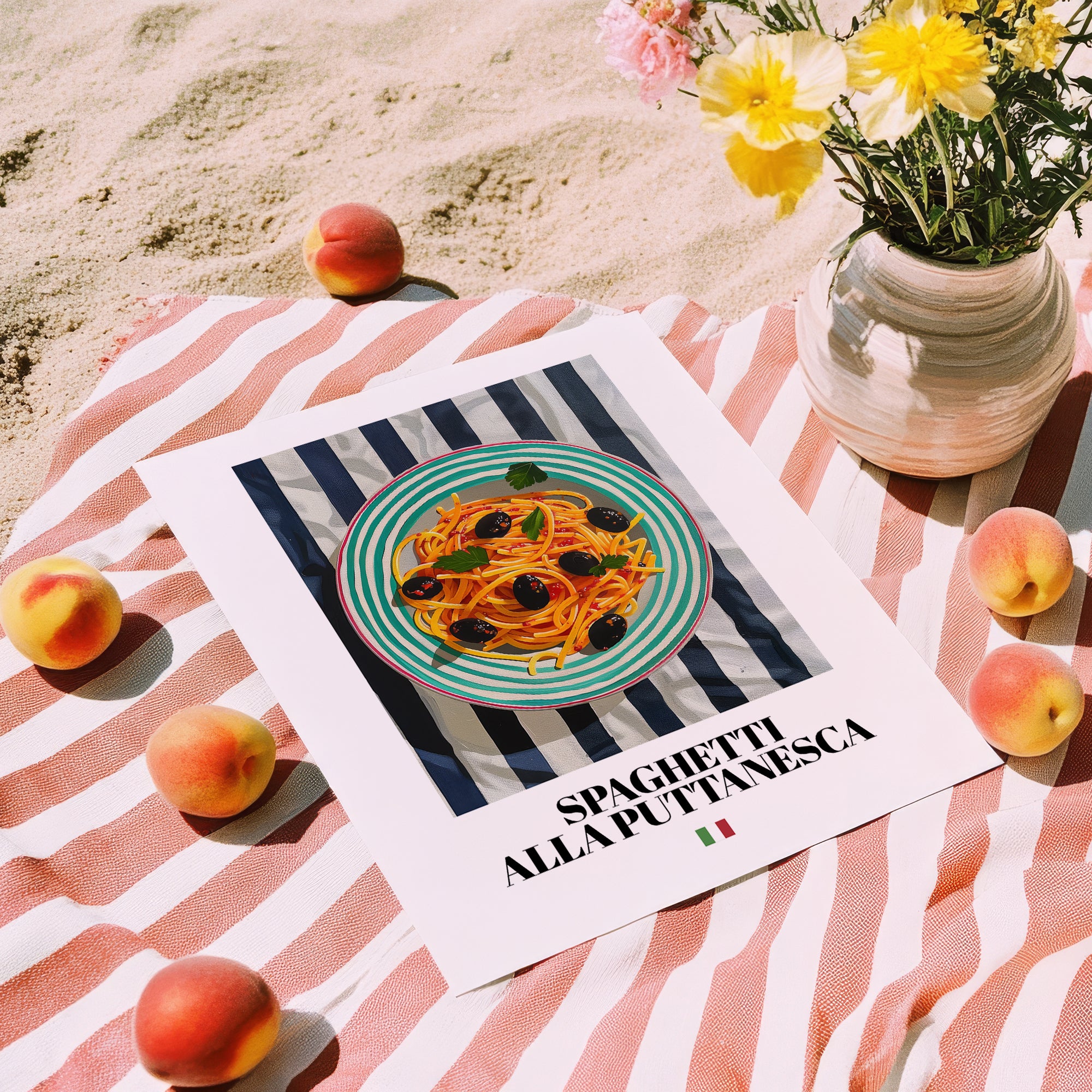 Spaghetti alla Puttanesca – Italian Pasta, Trattoria Print, unframed on coastal sand