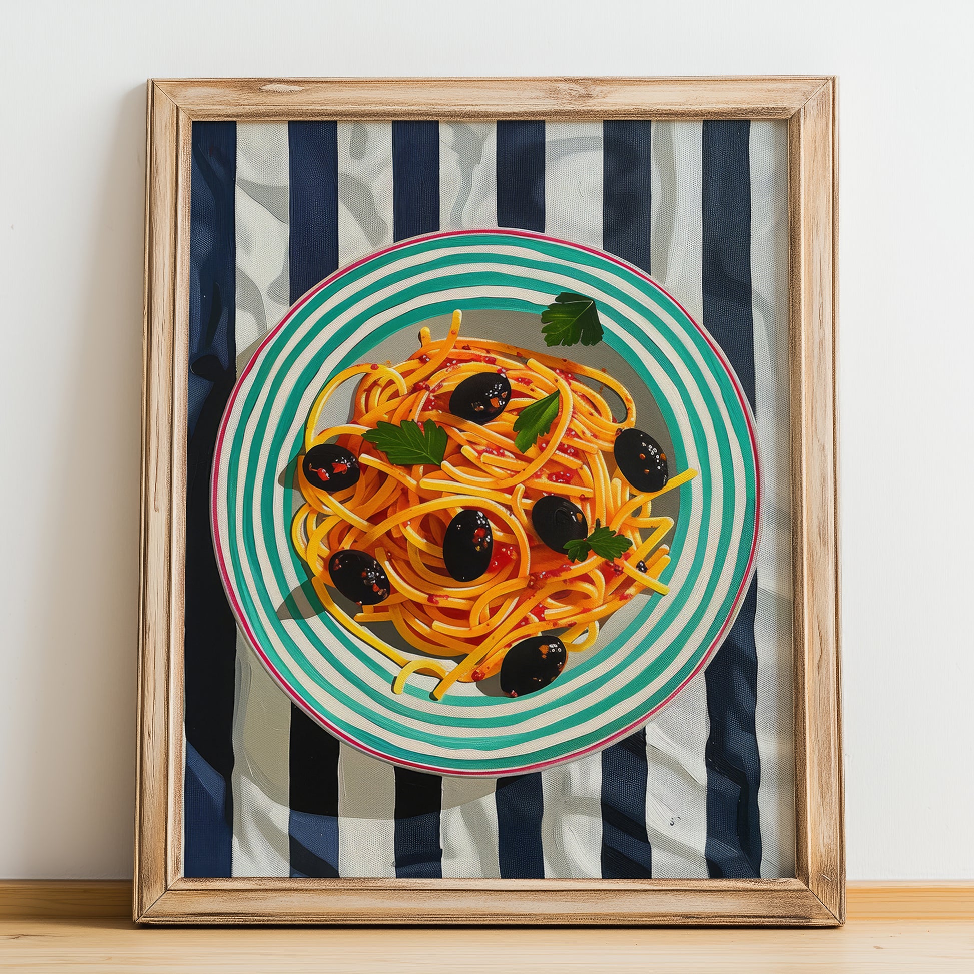 Spaghetti alla Puttanesca – Italian Pasta, Trattoria Print, no-text version framed in wood