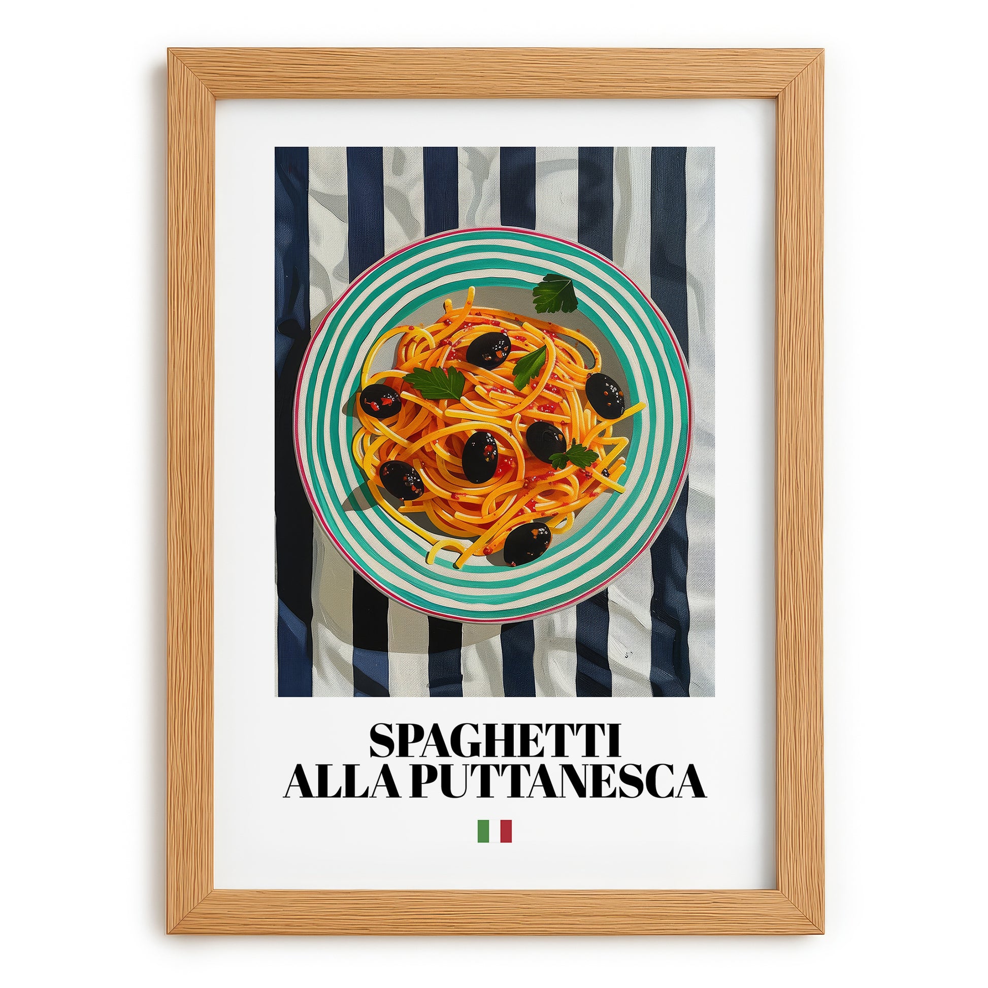 Spaghetti alla Puttanesca – Italian Pasta, Trattoria Print, set in oak frame
