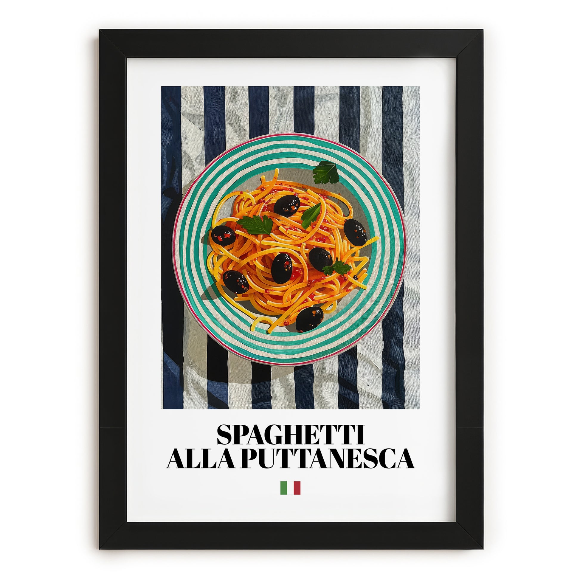 Spaghetti alla Puttanesca – Italian Pasta, Trattoria Print, in sleek black frame