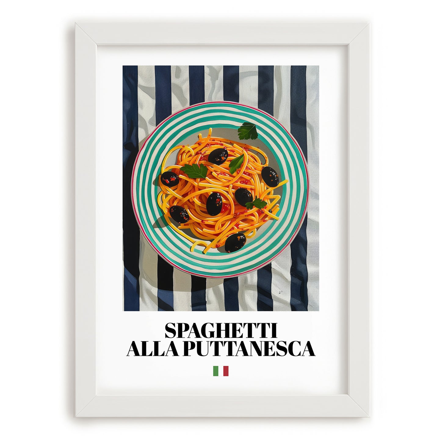 Spaghetti alla Puttanesca – Italian Pasta, Trattoria Print, placed in minimal white frame