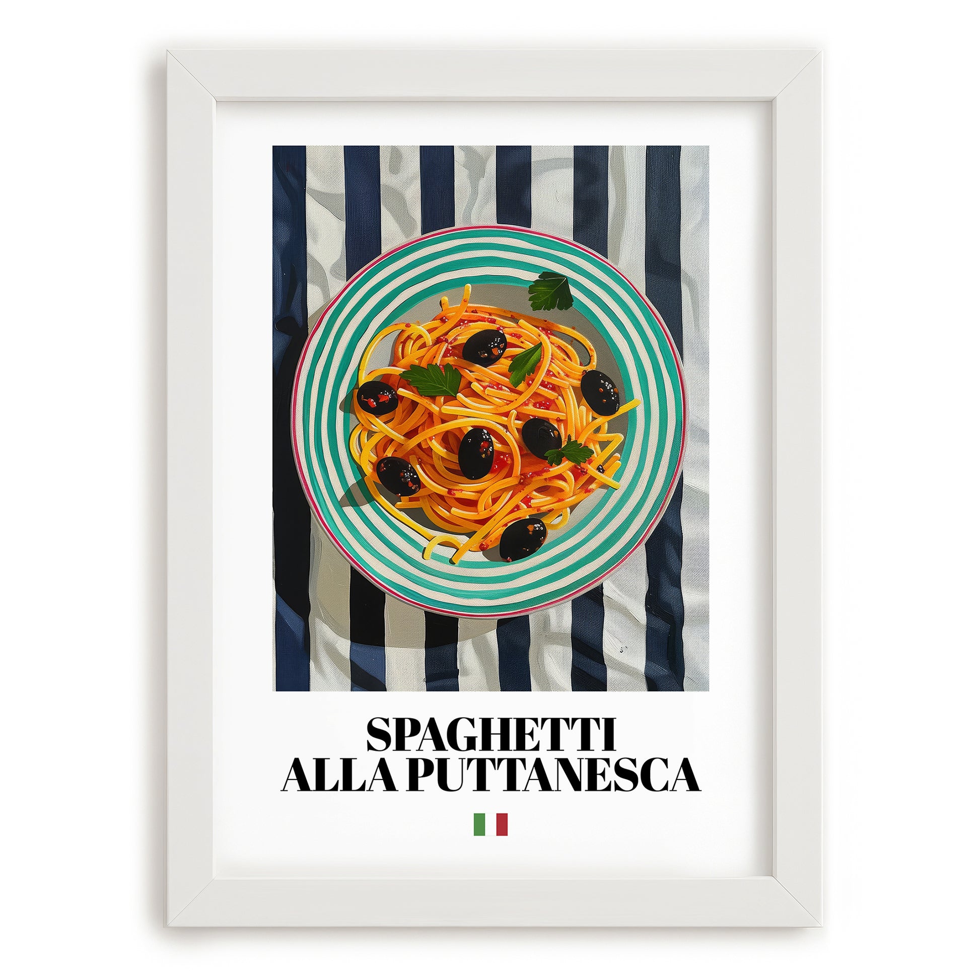Spaghetti alla Puttanesca – Italian Pasta, Trattoria Print, placed in minimal white frame