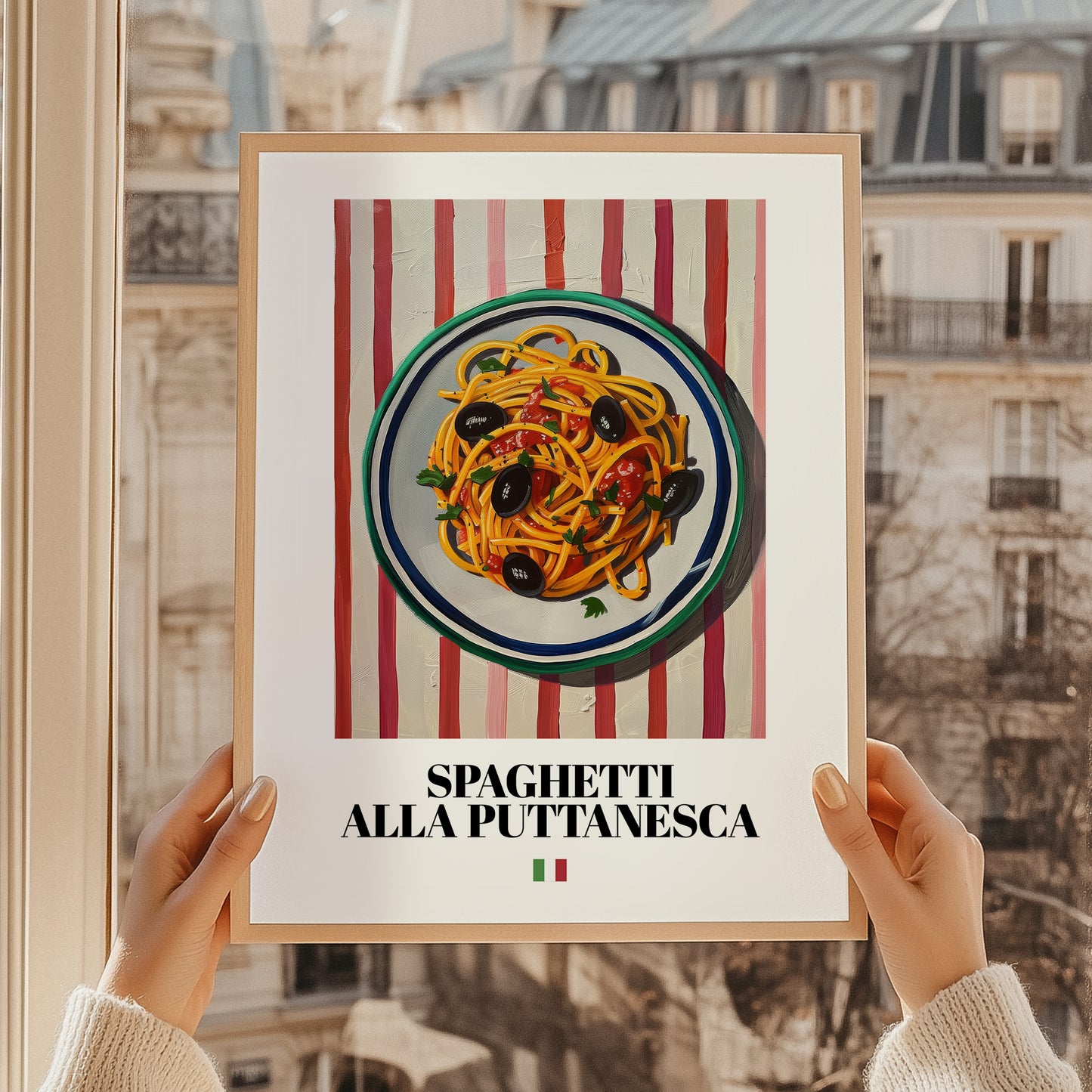 Spaghetti alla Puttanesca – Italian Pasta, Trattoria Poster, styled in a charming Paris street view