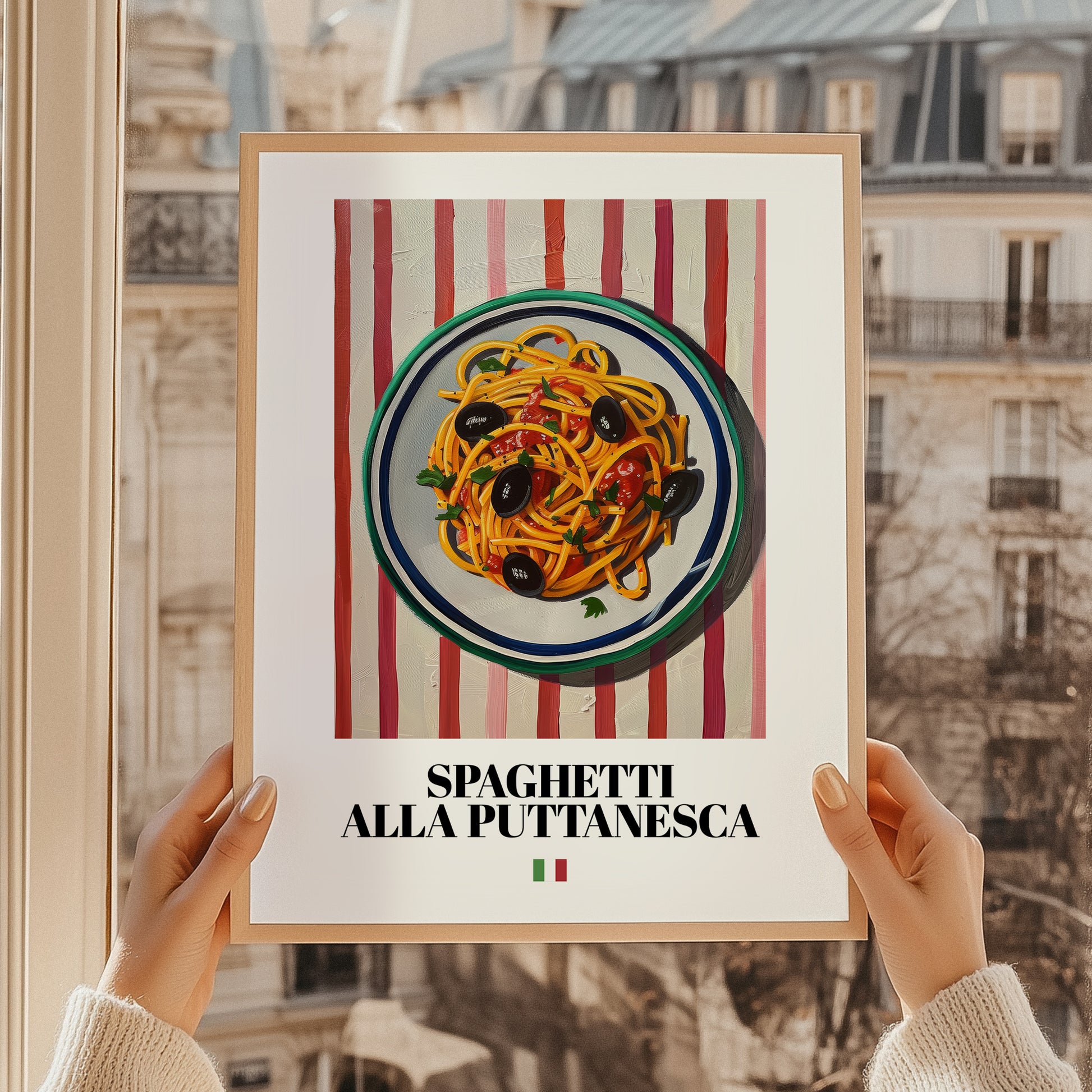 Spaghetti alla Puttanesca – Italian Pasta, Trattoria Poster, styled in a charming Paris street view