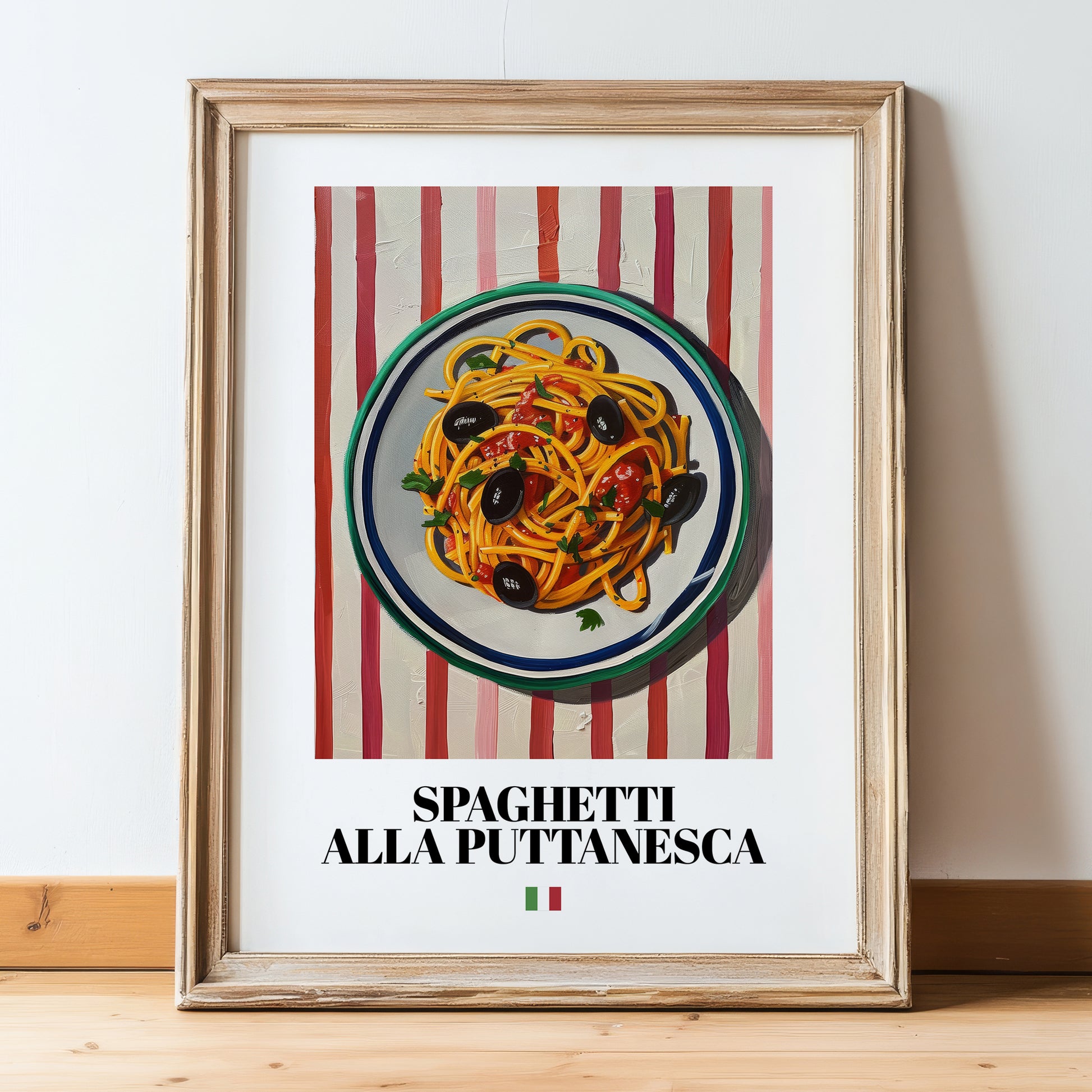Spaghetti alla Puttanesca – Italian Pasta, Trattoria Poster, in wooden frame leaning on the floor