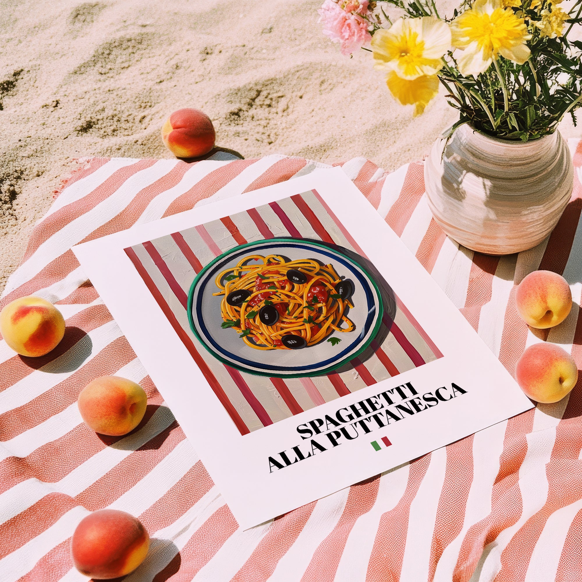 Spaghetti alla Puttanesca – Italian Pasta, Trattoria Poster, unframed on coastal sand