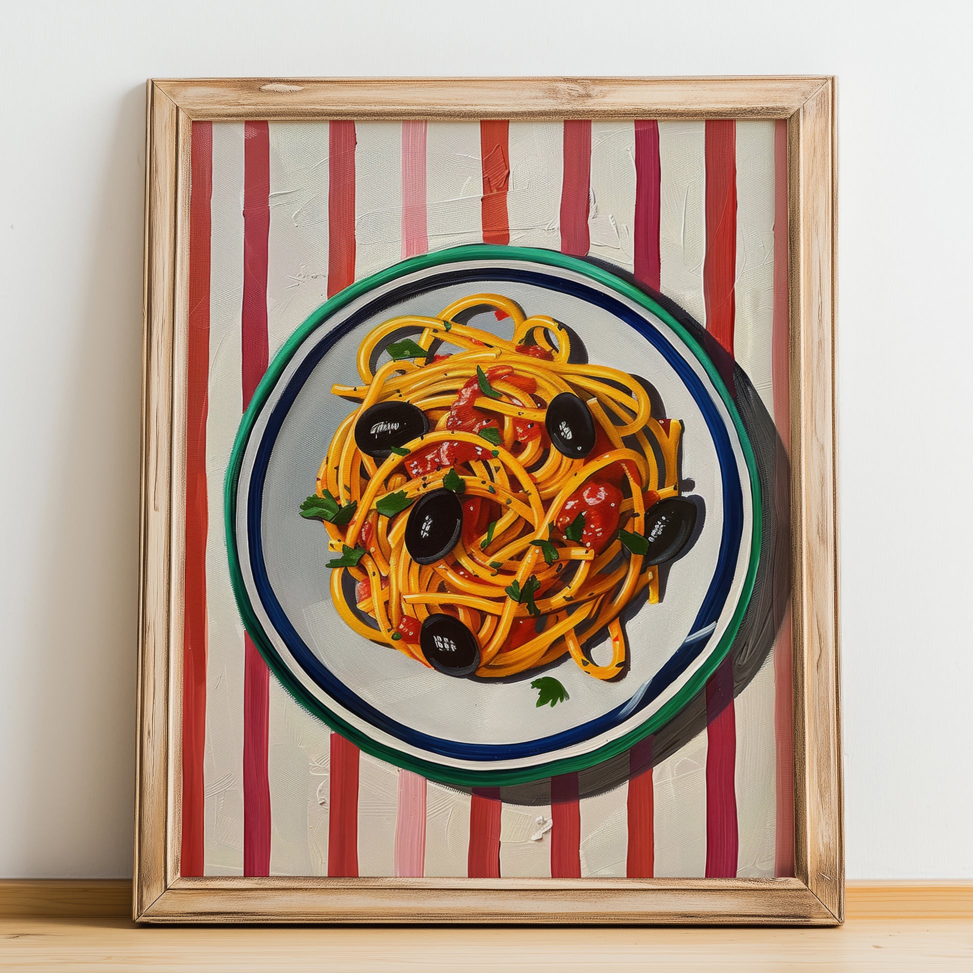 Spaghetti alla Puttanesca – Italian Pasta, Trattoria Poster, no-text version framed in wood