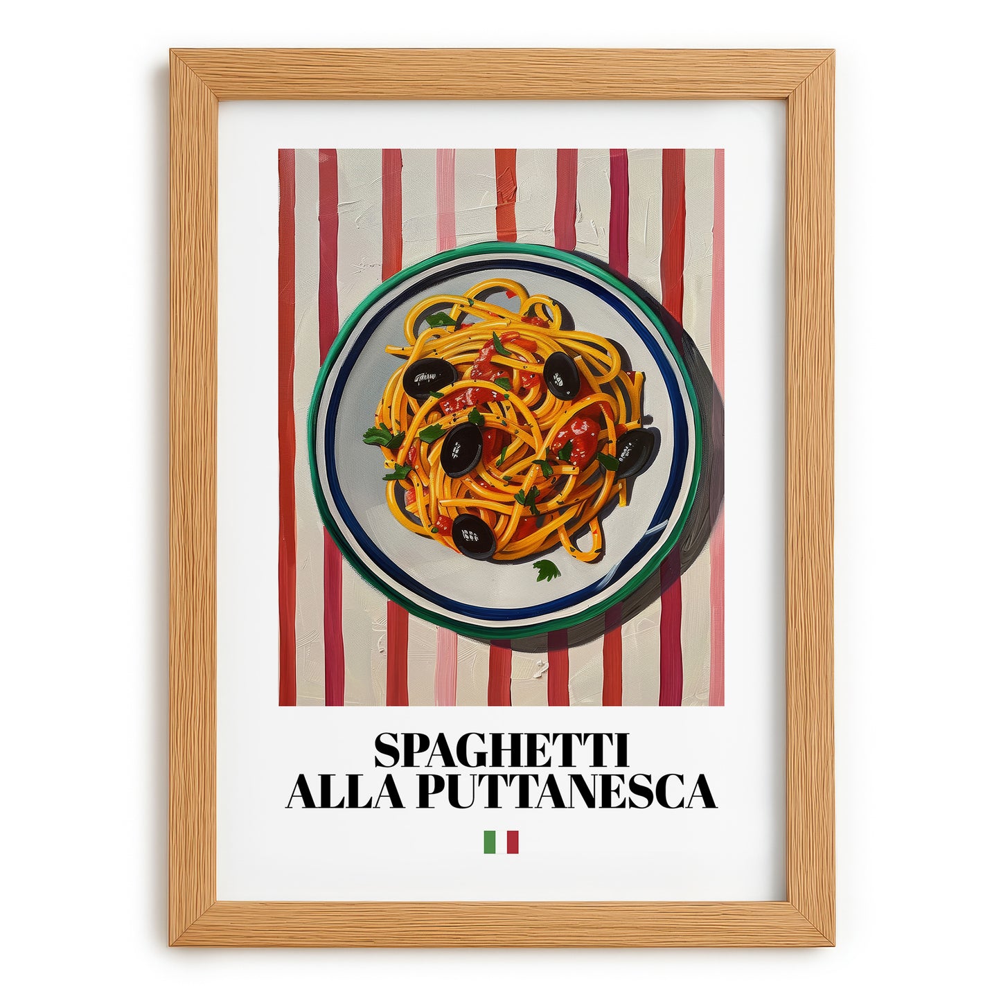 Spaghetti alla Puttanesca – Italian Pasta, Trattoria Poster, set in oak frame