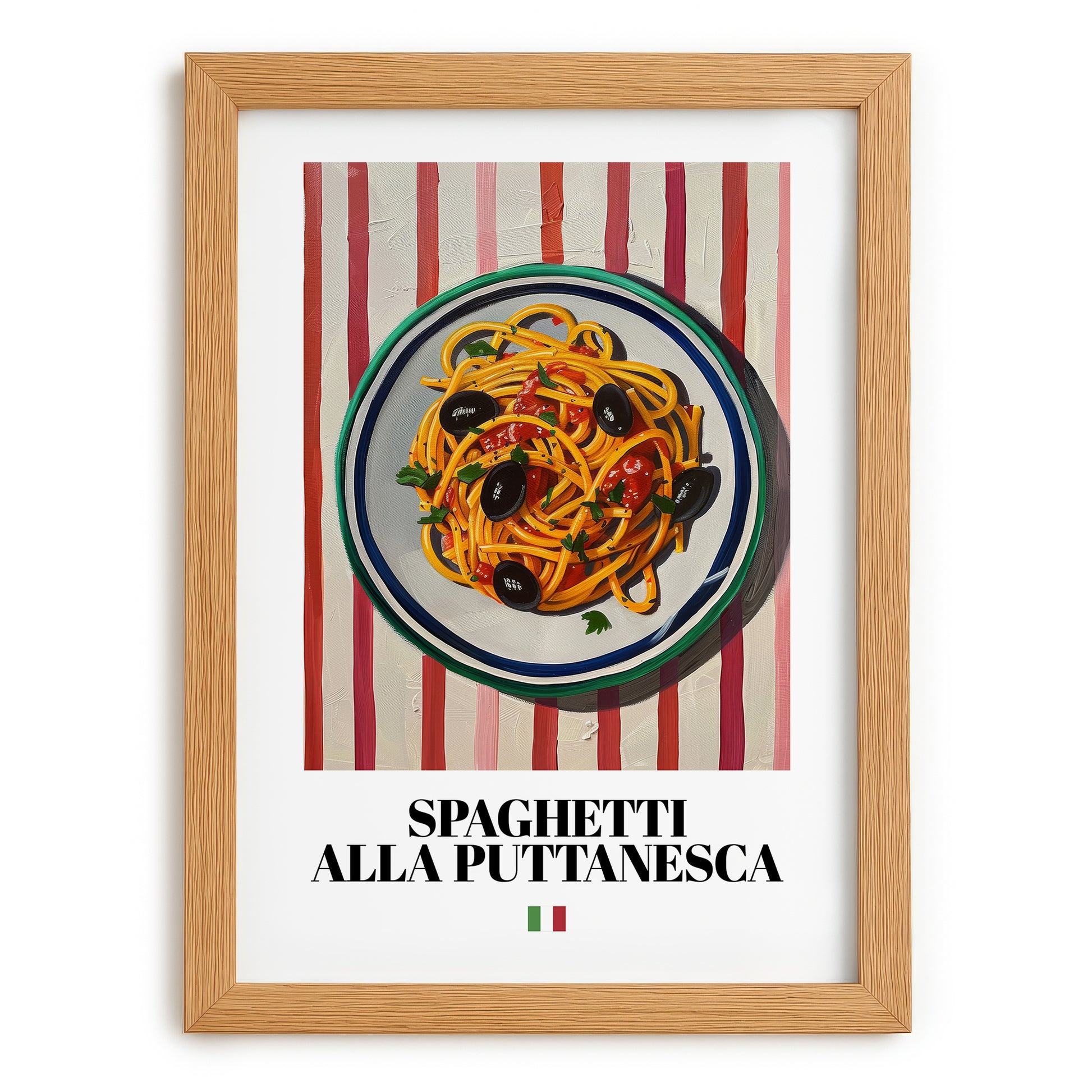 Spaghetti alla Puttanesca – Italian Pasta, Trattoria Poster, set in oak frame
