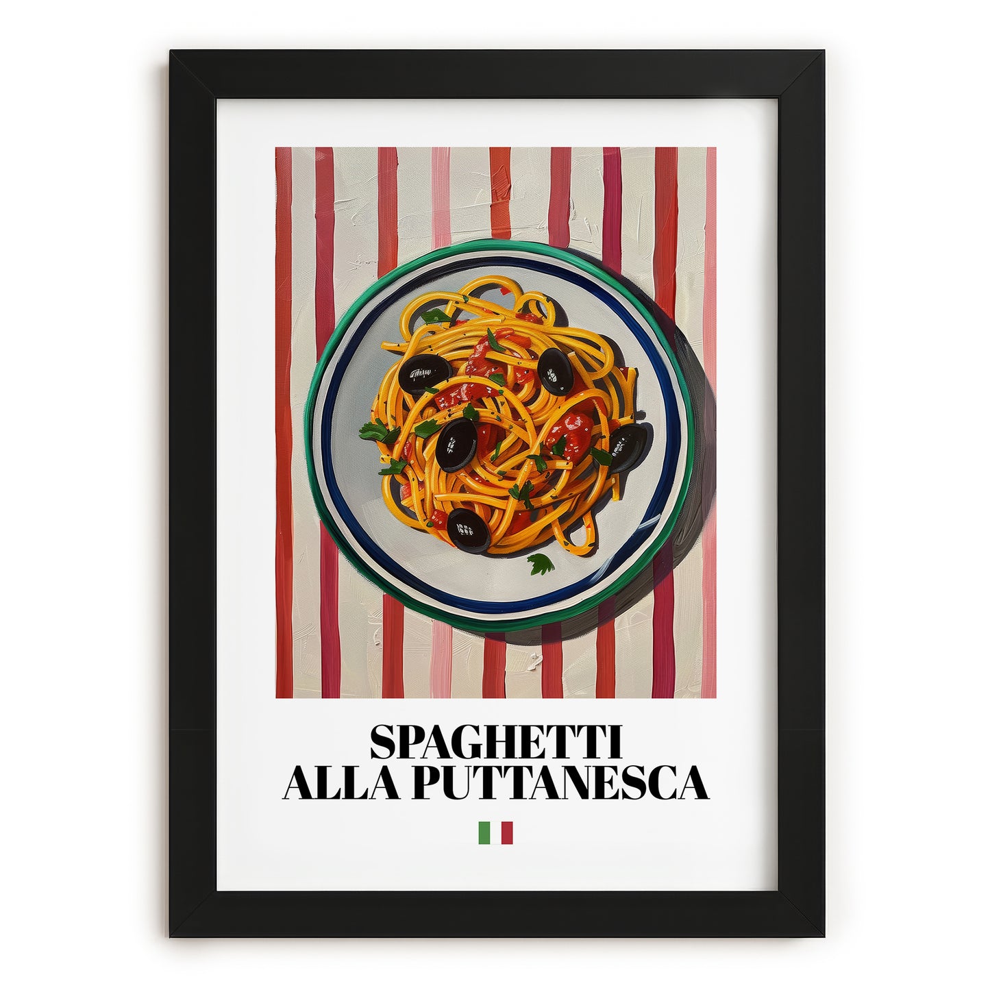 Spaghetti alla Puttanesca – Italian Pasta, Trattoria Poster, in sleek black frame