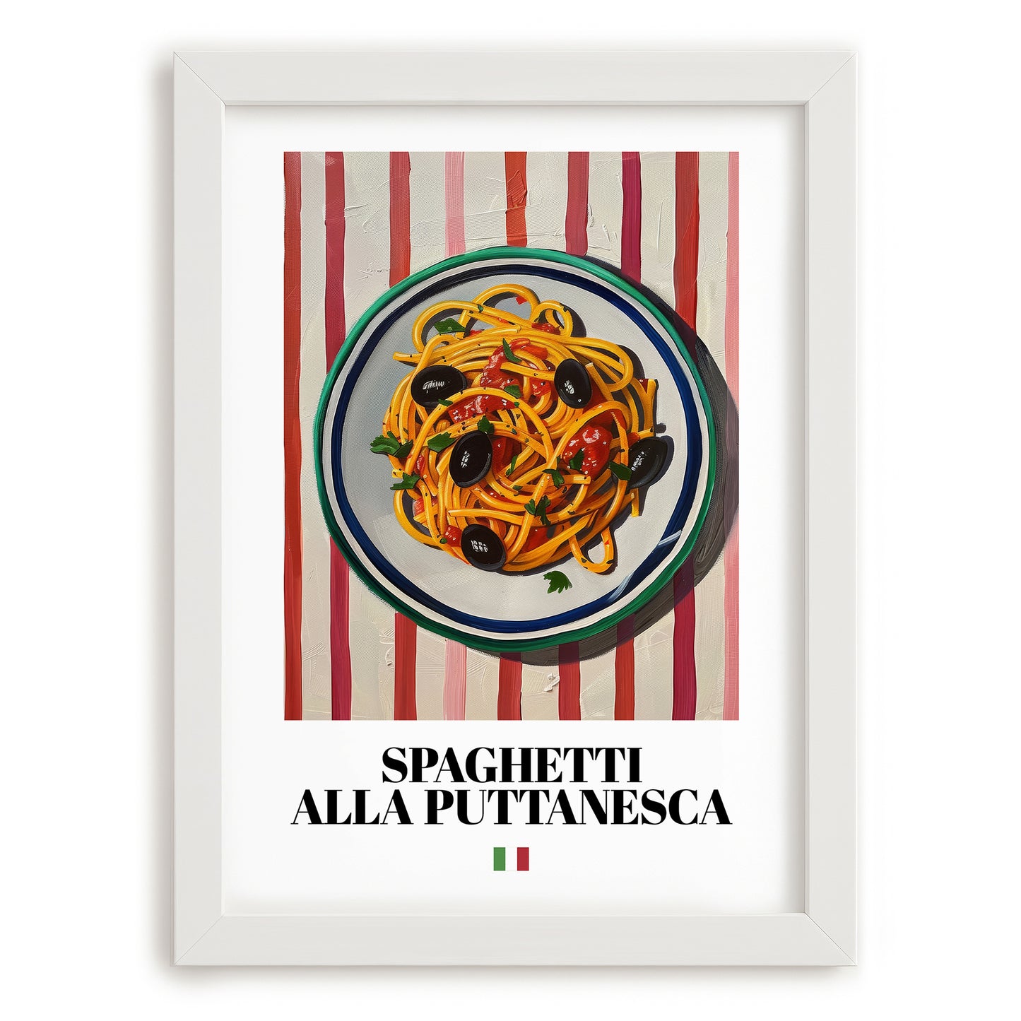 Spaghetti alla Puttanesca – Italian Pasta, Trattoria Poster, placed in minimal white frame