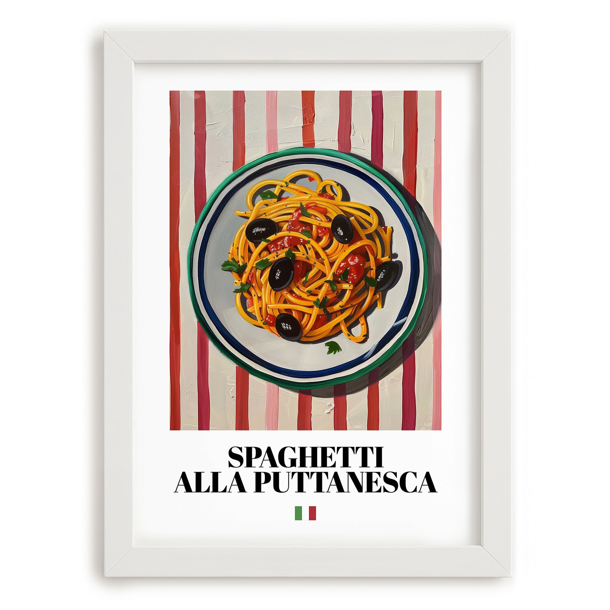 Spaghetti alla Puttanesca – Italian Pasta, Trattoria Poster, placed in minimal white frame