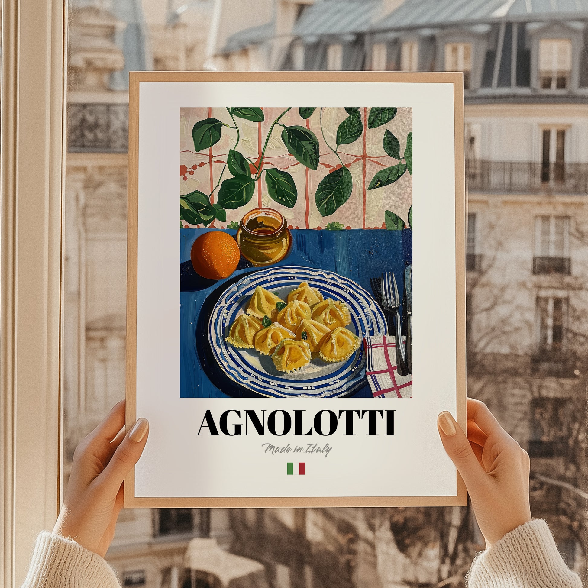 Agnolotti – Italian Pasta, Trattoria Poster, styled in a charming Paris street view