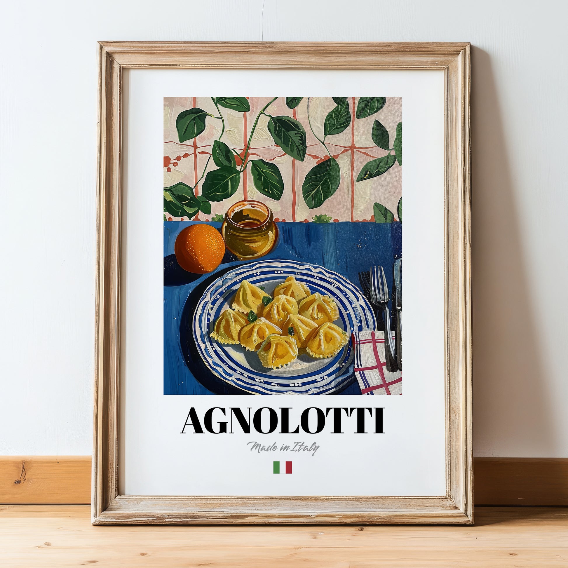 Agnolotti – Italian Pasta, Trattoria Poster, in wooden frame leaning on the floor