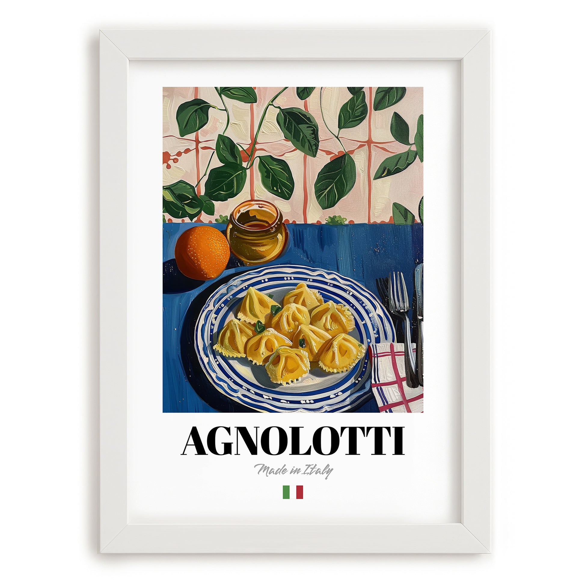 Agnolotti – Italian Pasta, Trattoria Poster, placed in minimal white frame