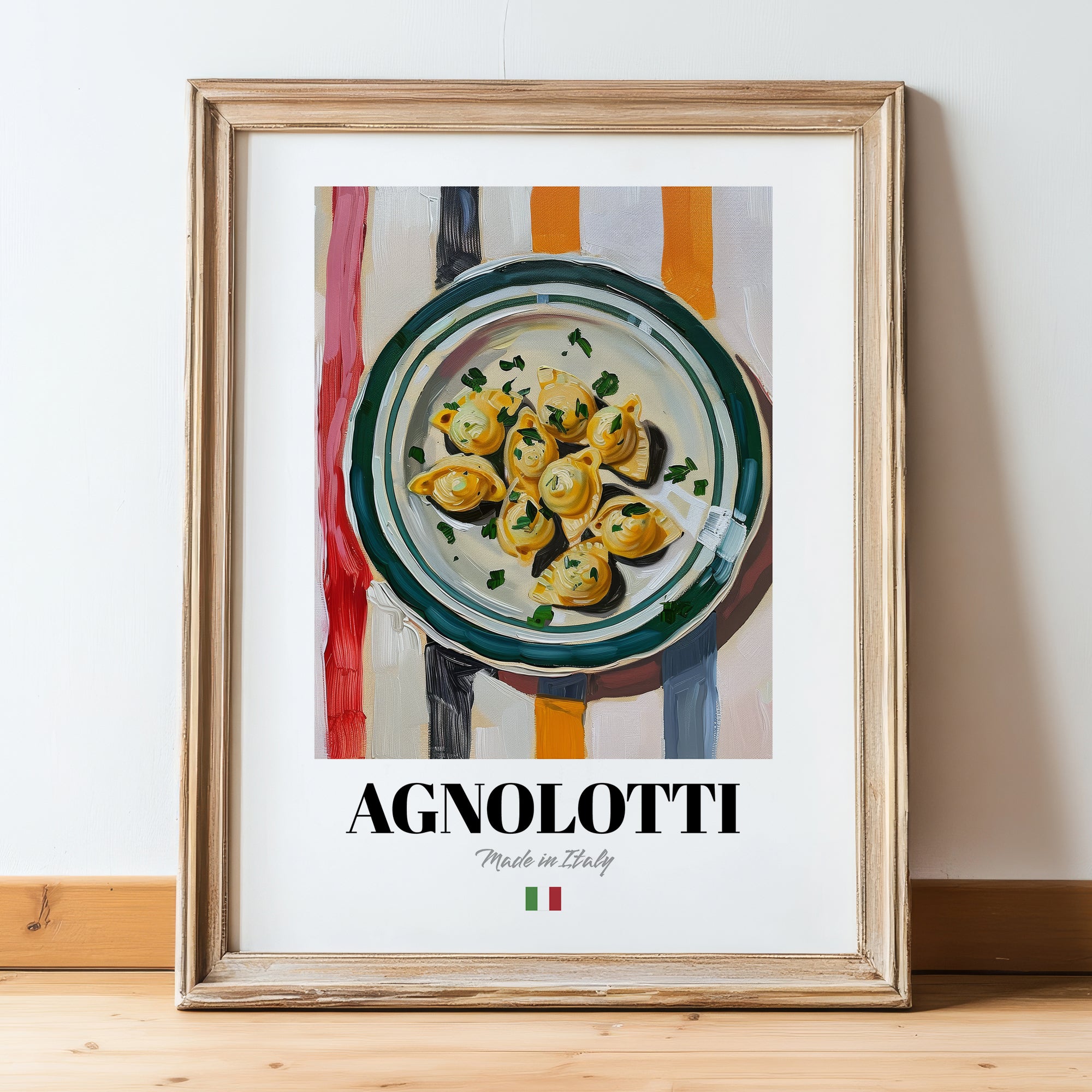 Agnolotti – Italian Pasta, Ristorante Poster, in wooden frame leaning on the floor