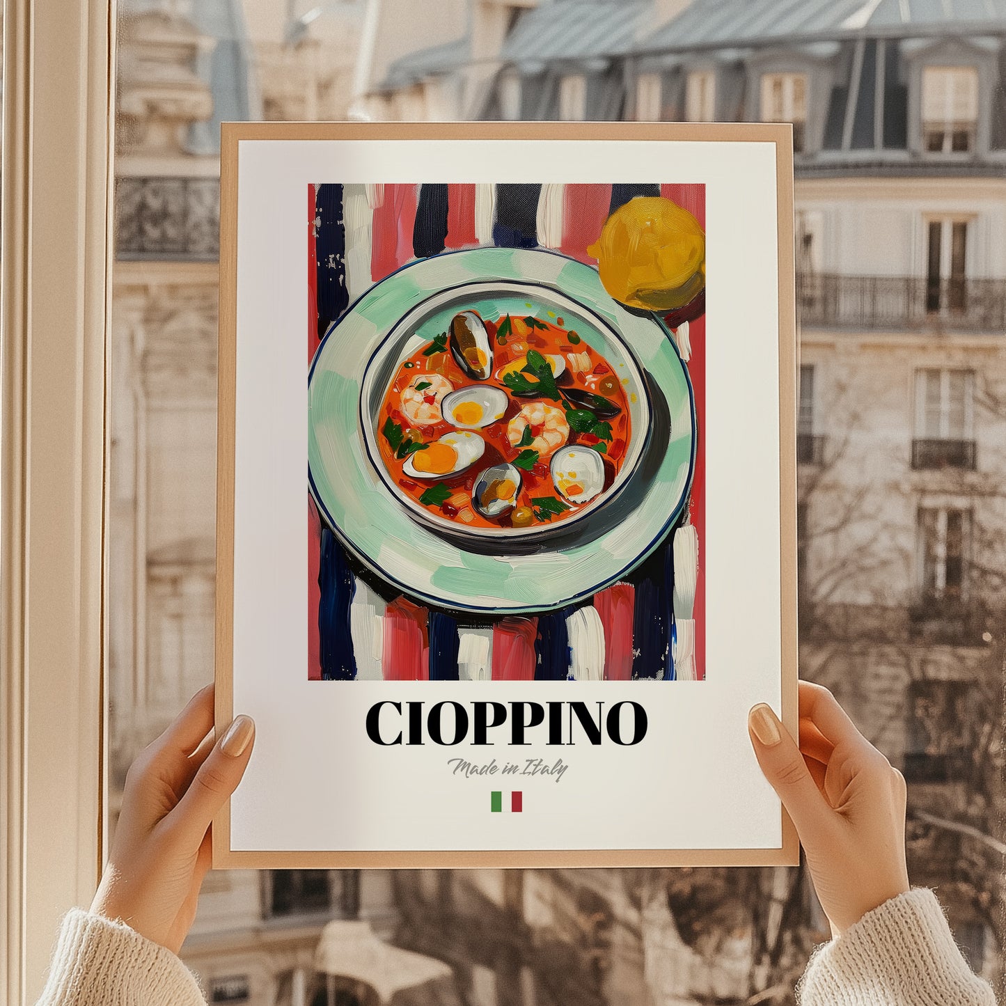 Cioppino – Italian Soup Dish, Farmhouse Kitchen Poster, styled in a charming Paris street view