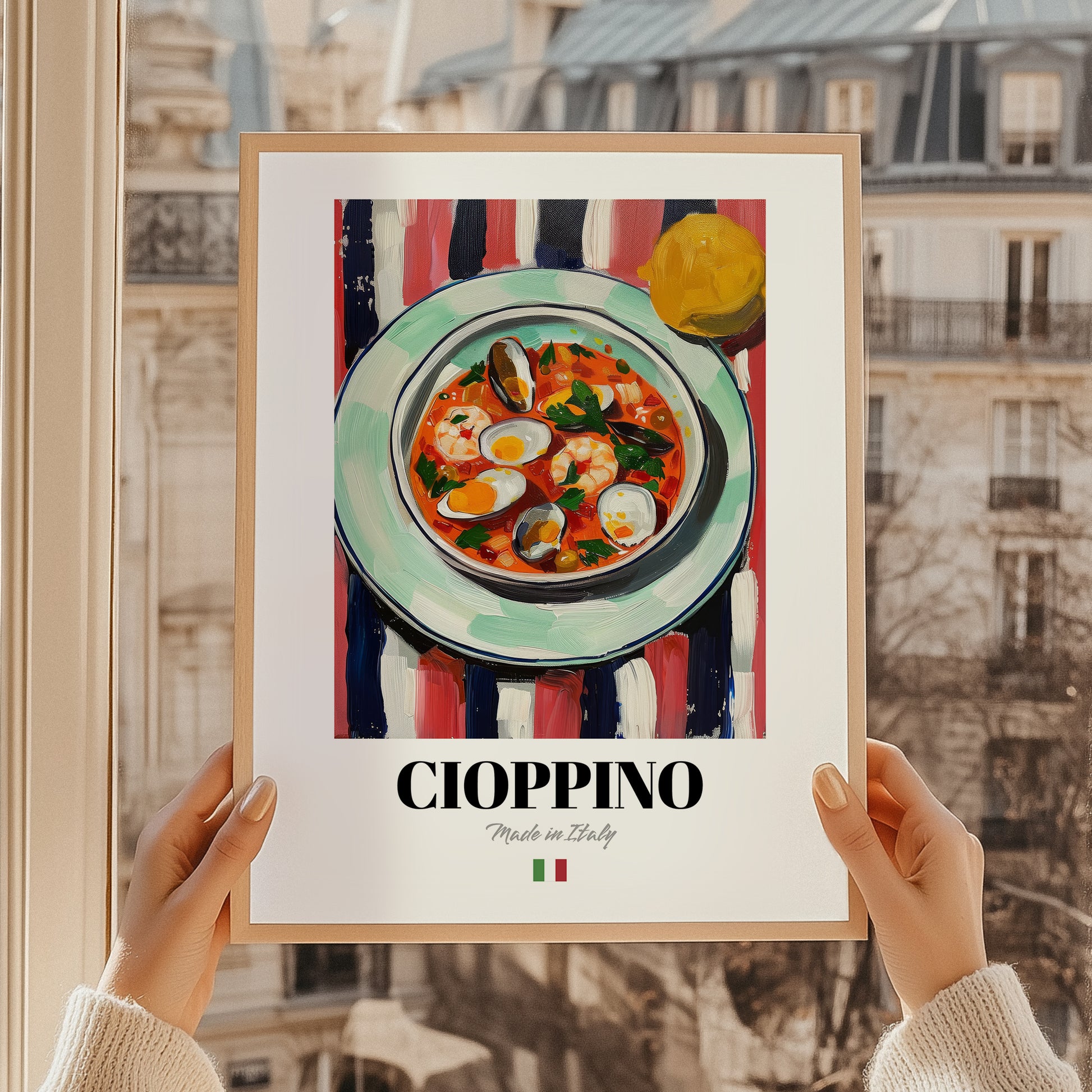 Cioppino – Italian Soup Dish, Farmhouse Kitchen Poster, styled in a charming Paris street view
