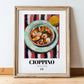 Cioppino – Italian Soup Dish, Farmhouse Kitchen Poster, in wooden frame leaning on the floor