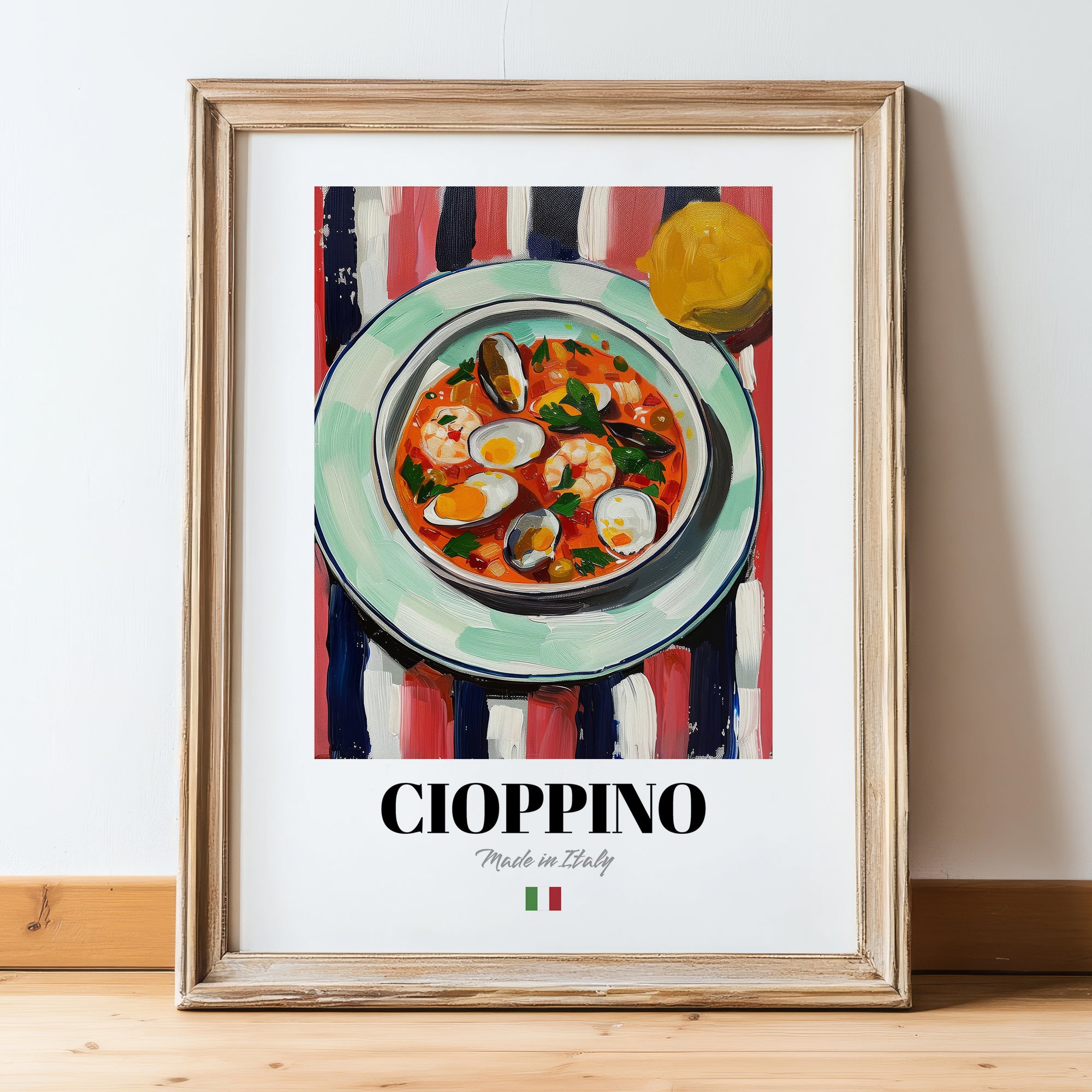 Cioppino – Italian Soup Dish, Farmhouse Kitchen Poster, in wooden frame leaning on the floor